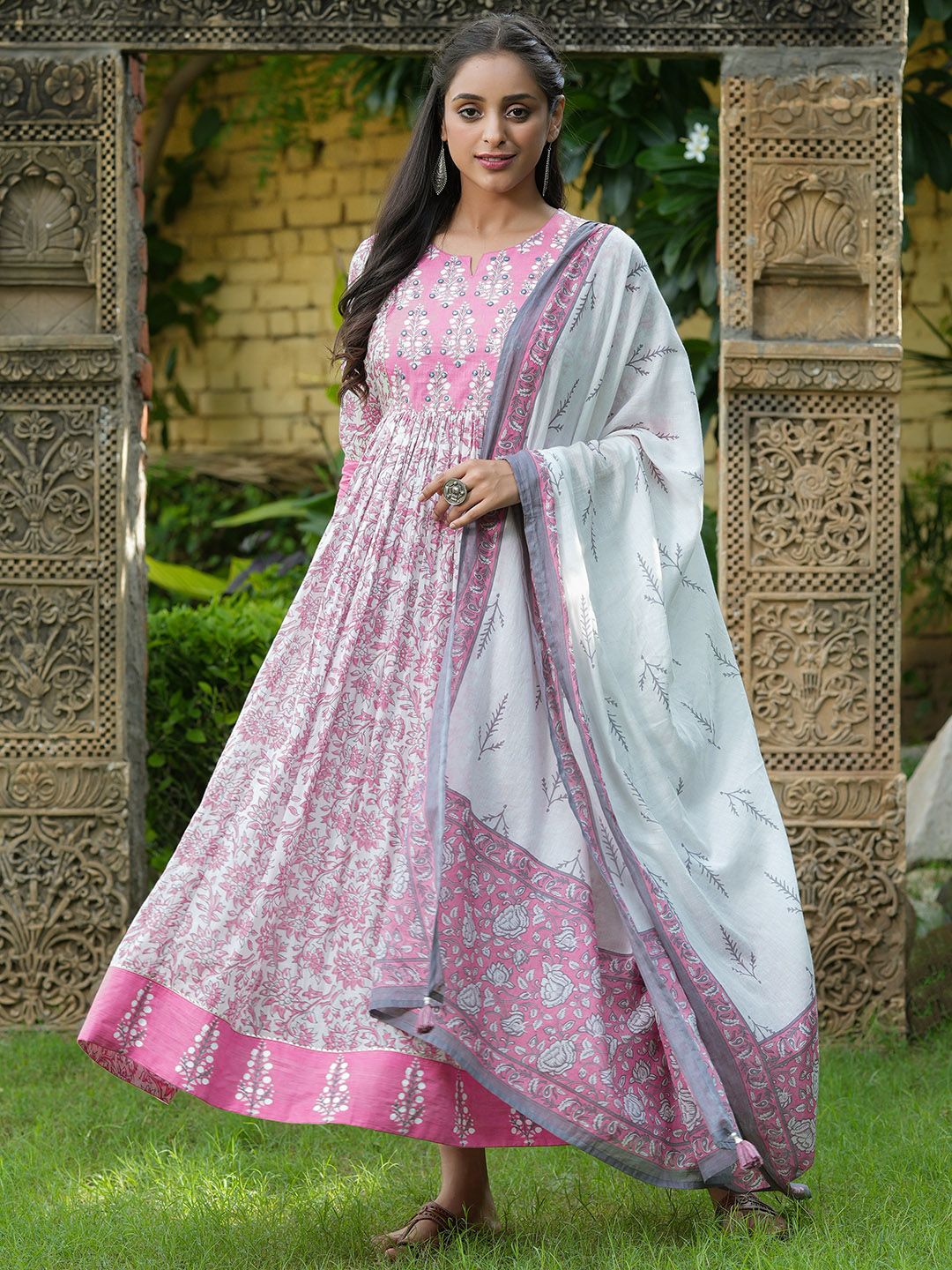 PIROH Pink Women Floral Ethnic Maxi Dress Price in India