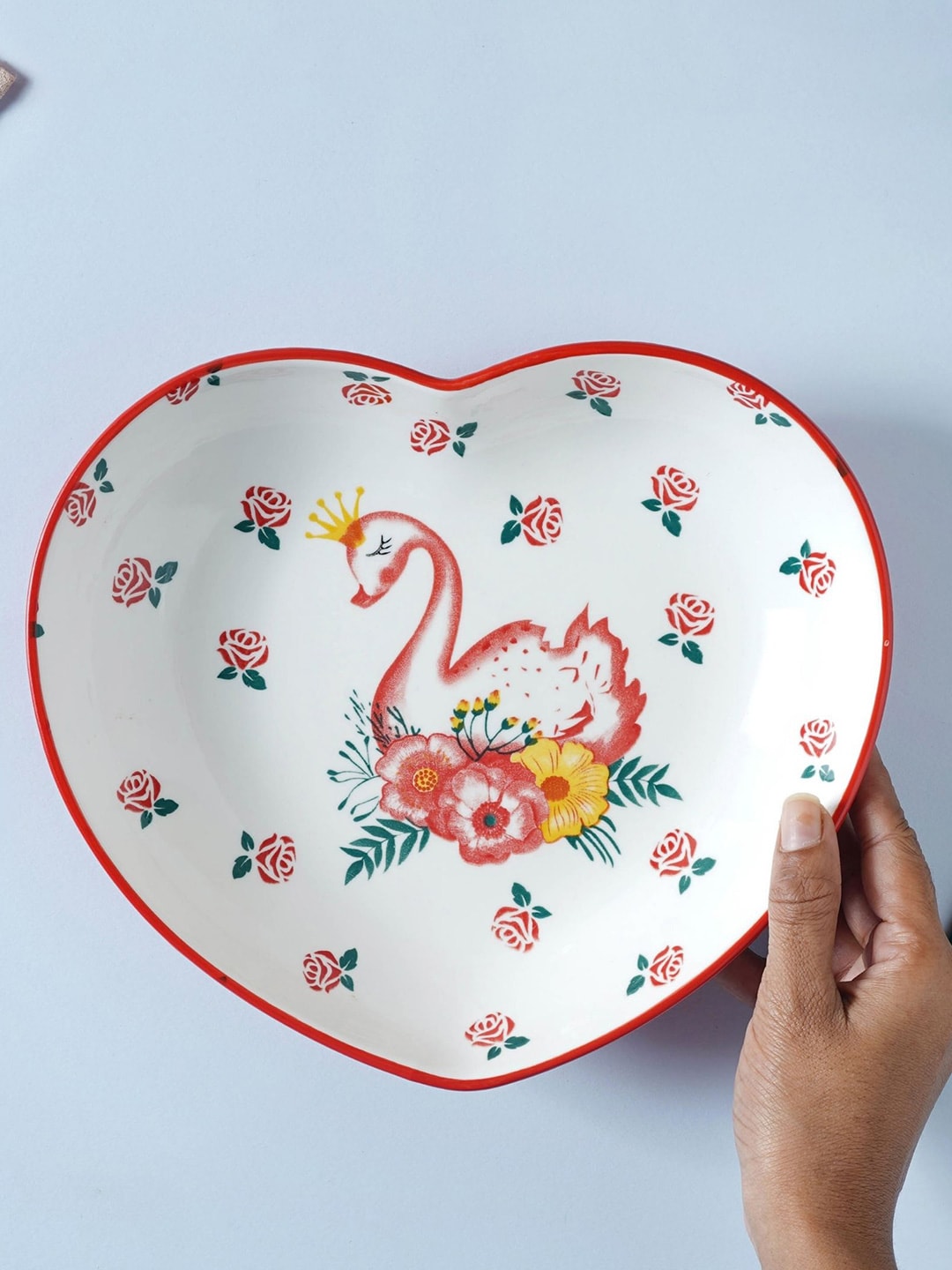 Nestasia Red & White Red Swan Printed Heart Shaped Ceramic Plate Price in India