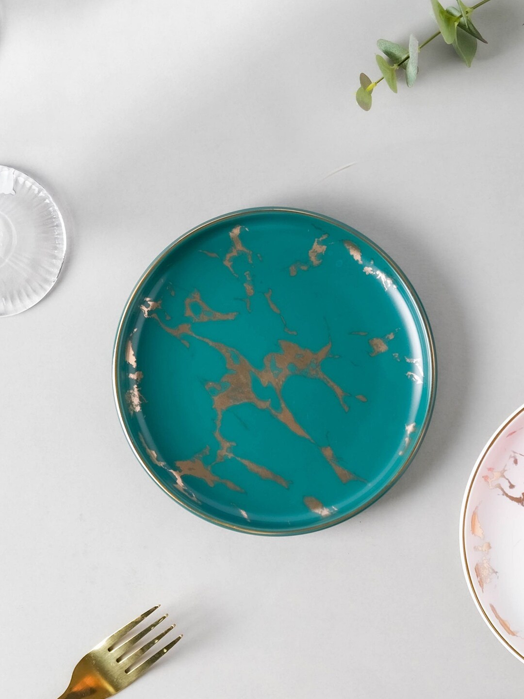 Nestasia Green & Gold Marble Printed Ceramic Glossy Dessert Plate Price in India