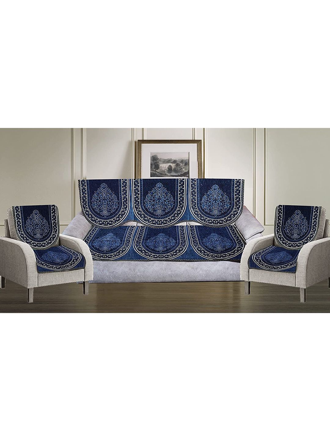 GRIIHAM Set of 5 Blue & White Printed Sofa Covers Price in India