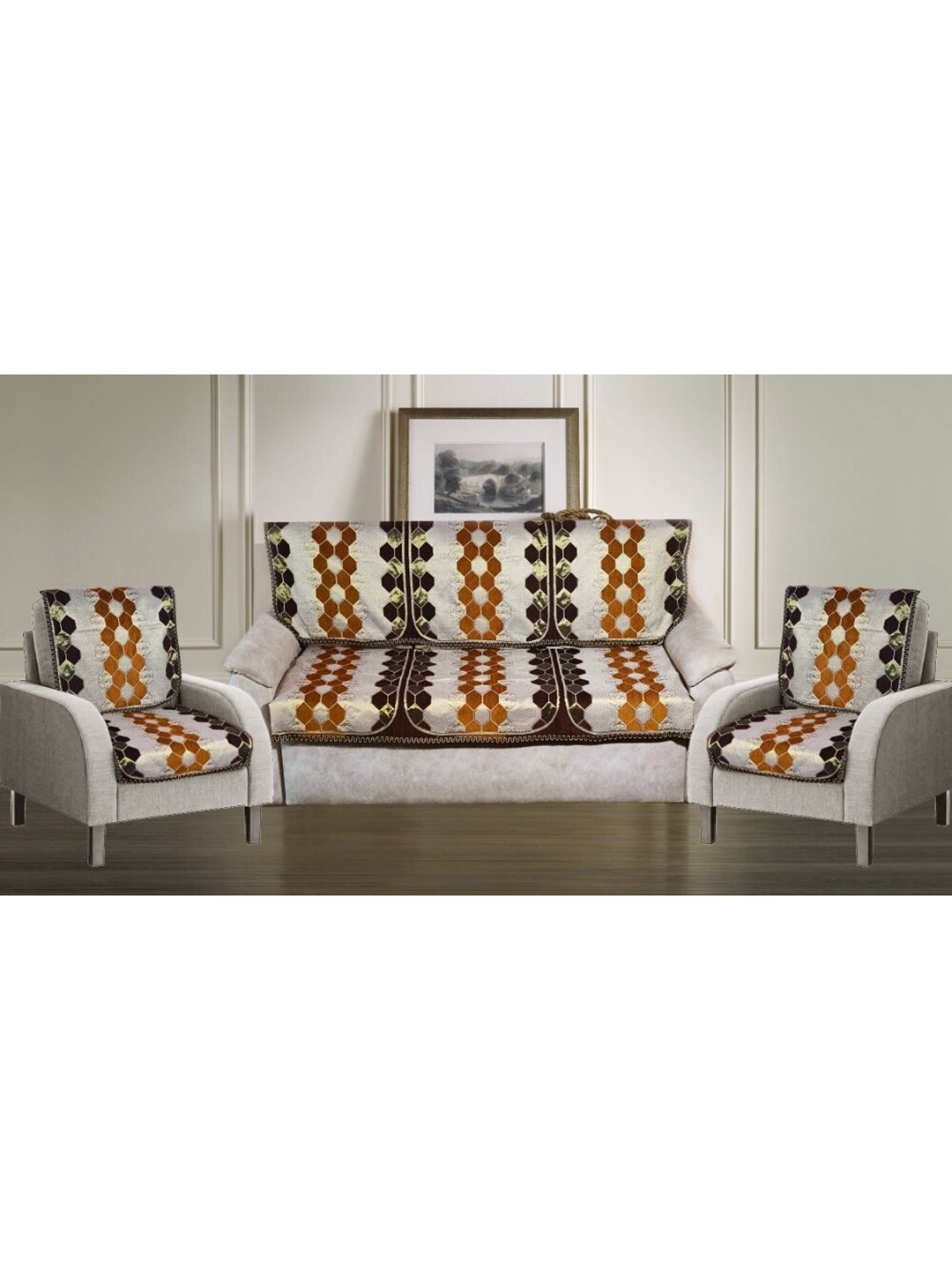 GRIIHAM Brown & Beige Jacquard Pack of 5 Seater Sofa Cover Price in India