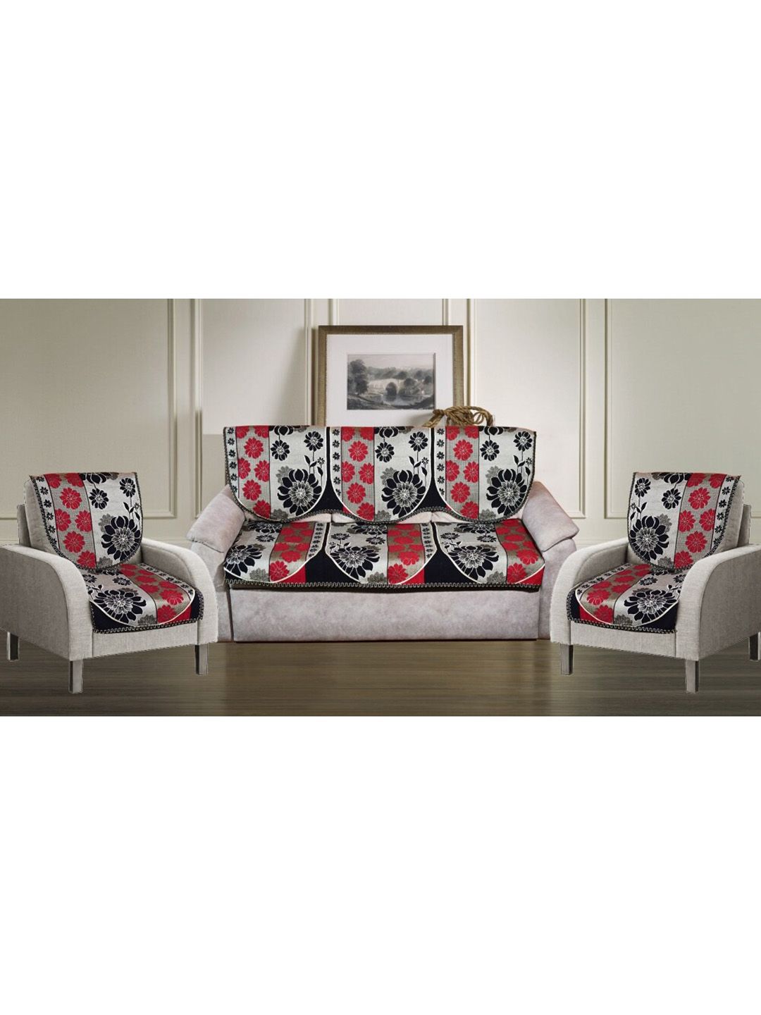GRIIHAM Grey & Red Floral Pack of 5 Seater Sofa Cover Price in India