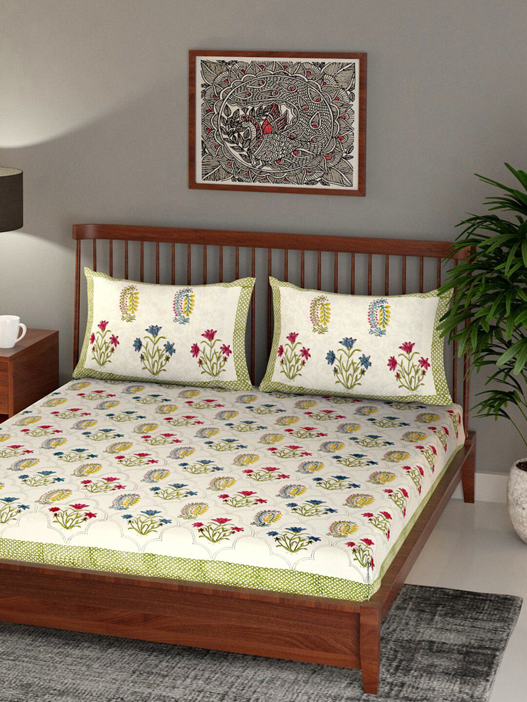 EK BY EKTA KAPOOR Cream-Coloured & Pink Floral 120 TC King Bedsheet with 2 Pillow Covers Price in India