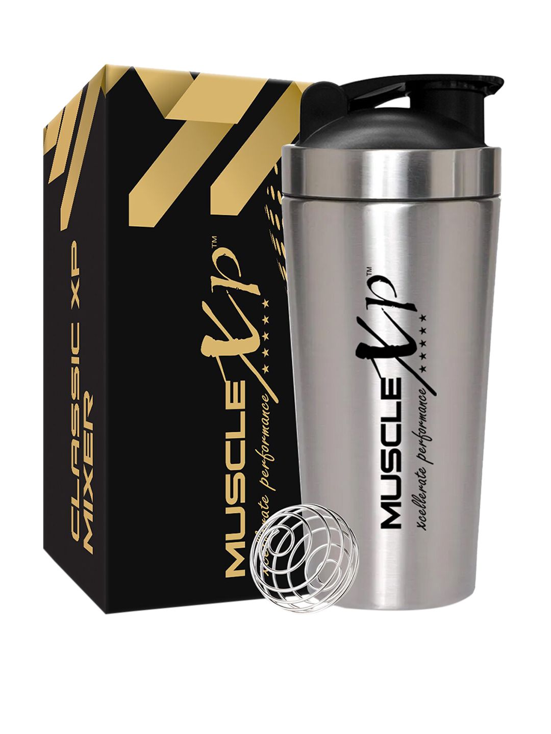 MUSCLEXP Unisex Silver & Black Printed Stainless Steel Shaker Price in India