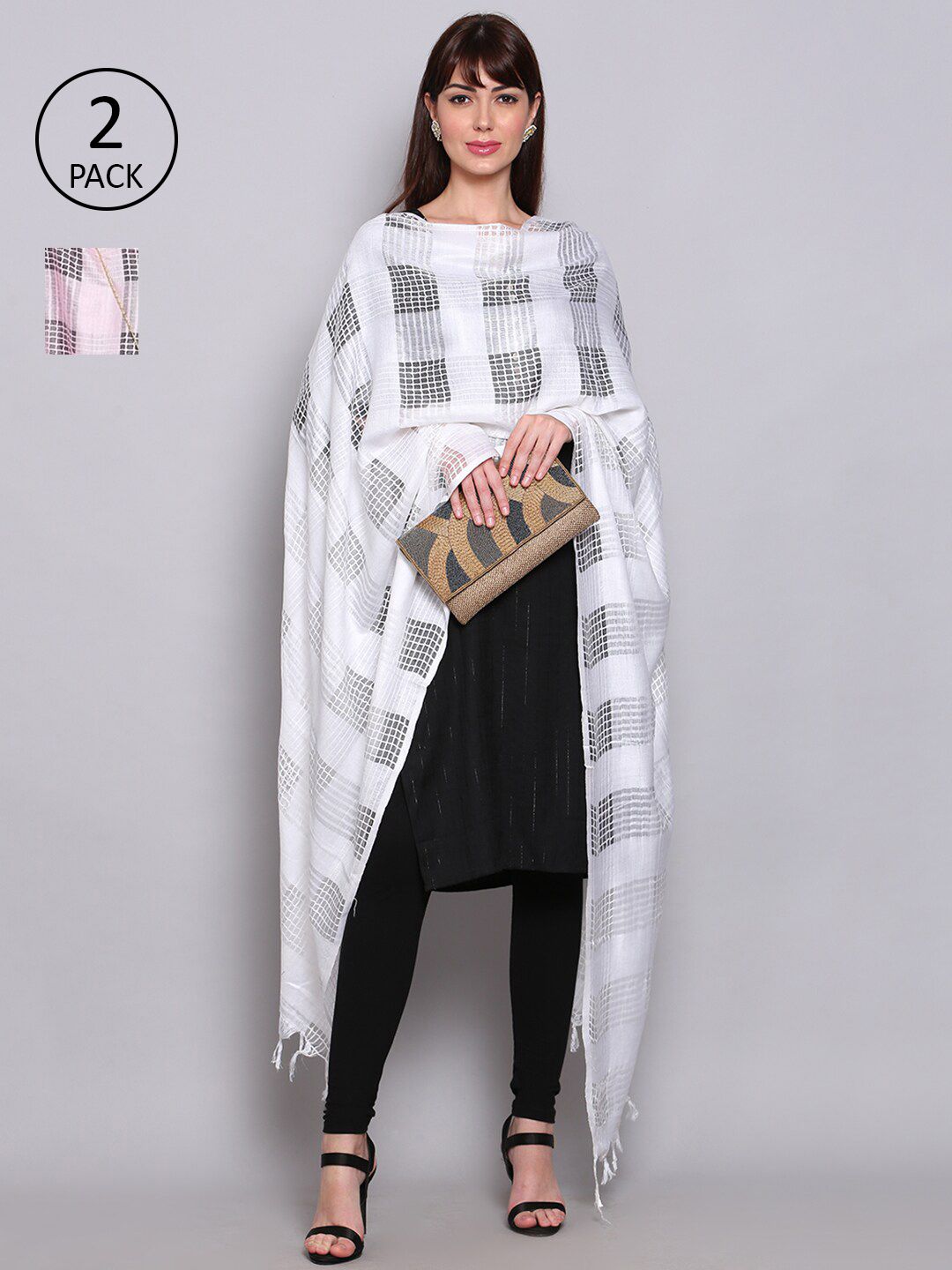Miaz Lifestyle Pack of 2 White & Pink Checked Viscose Rayon Dupattas