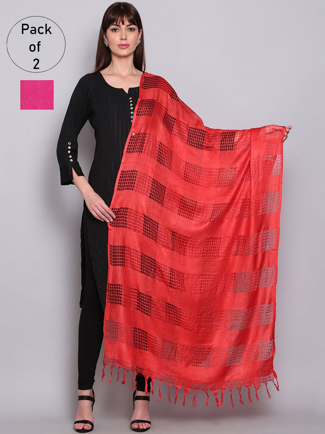 Miaz Lifestyle Pink & Red Viscose Rayon Dupatta Pack of 2