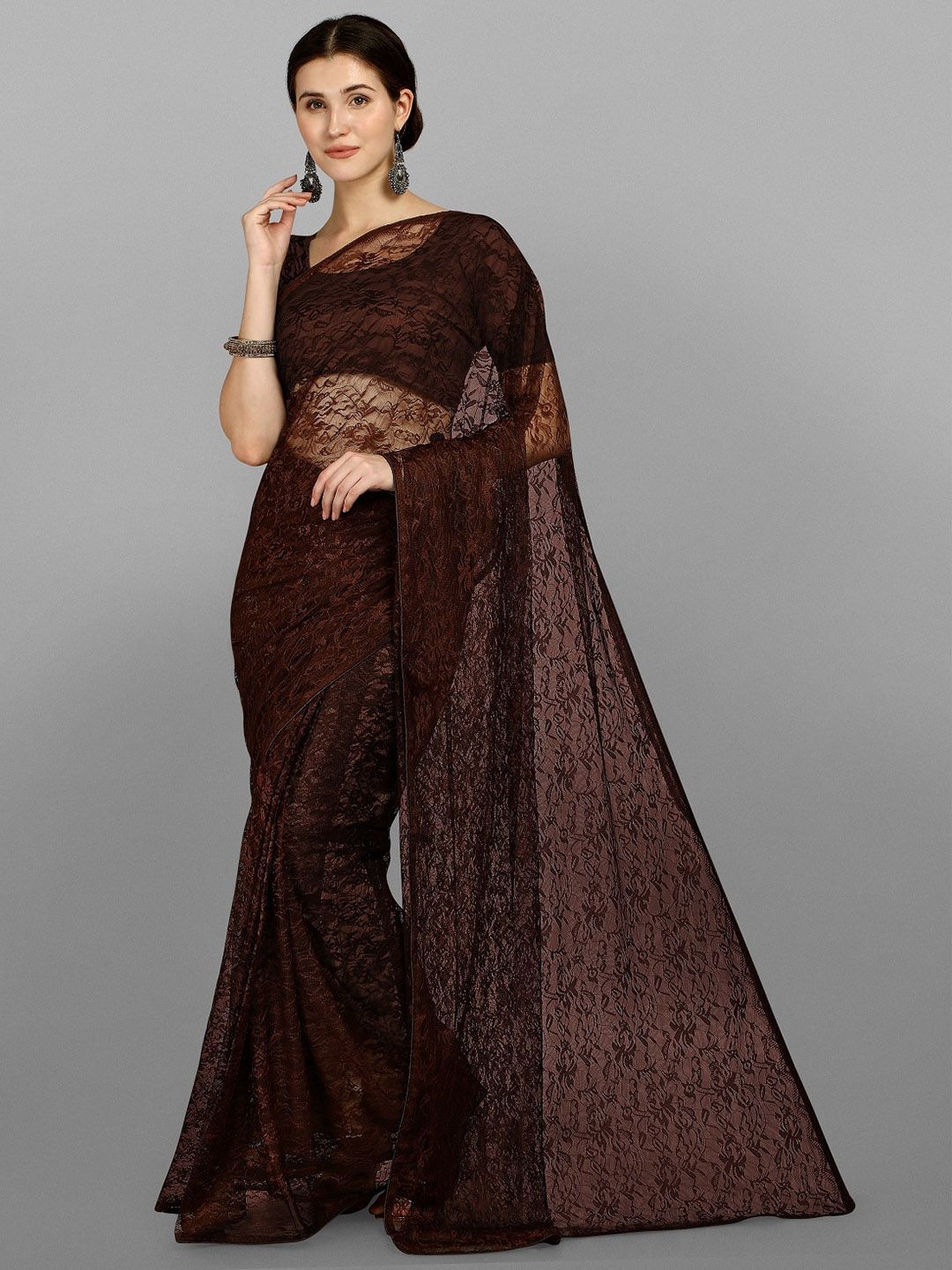 Fashion Basket Brown Woven Design Net Saree Price in India