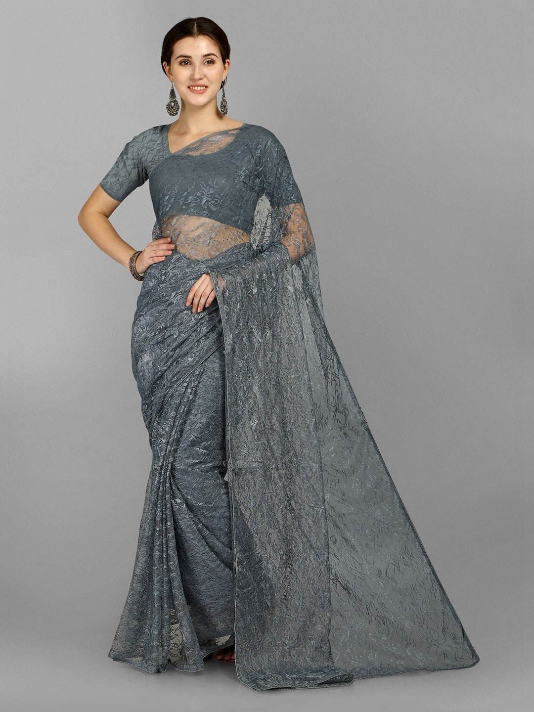 Fashion Basket Grey Floral Net Saree Price in India
