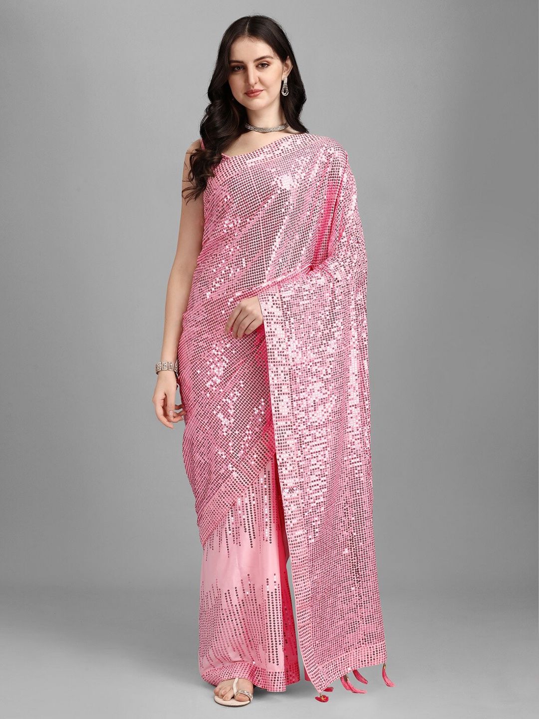 Fashion Basket Pink Embellished Sequinned Saree Price in India