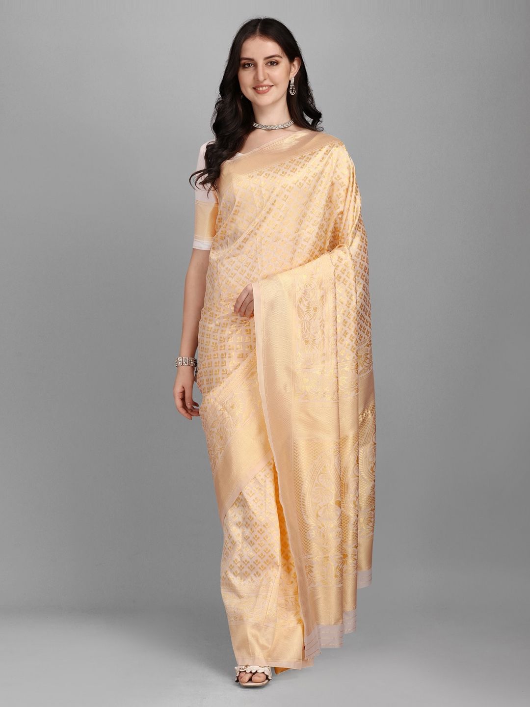 Fashion Basket Women Beige & Gold-Toned Ethnic Motifs Silk Blend Saree Price in India