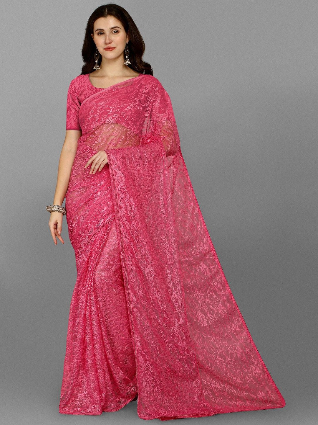 Fashion Basket Pink Embellished Net Saree Price in India