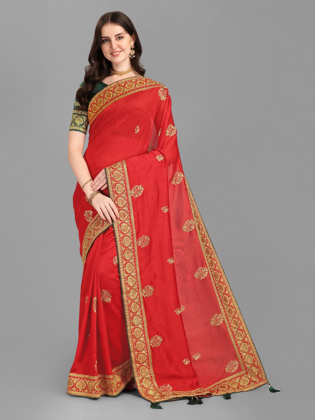 Fashion Basket Red & Gold-Toned Floral Embroidered Silk Blend Saree Price in India