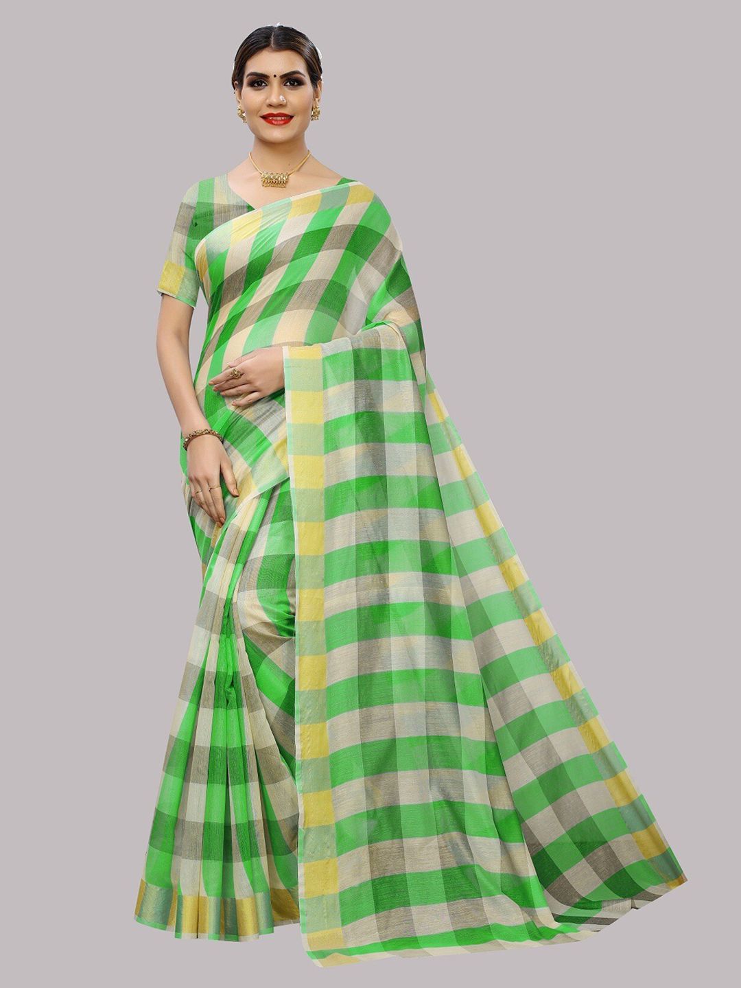 Fashion Basket Green & Beige Checked Silk Cotton Saree Price in India
