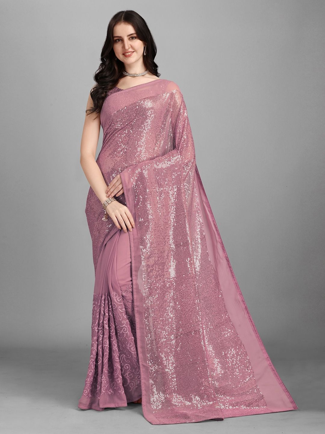 Fashion Basket Purple Sequinned Embellished Party Saree Price in India