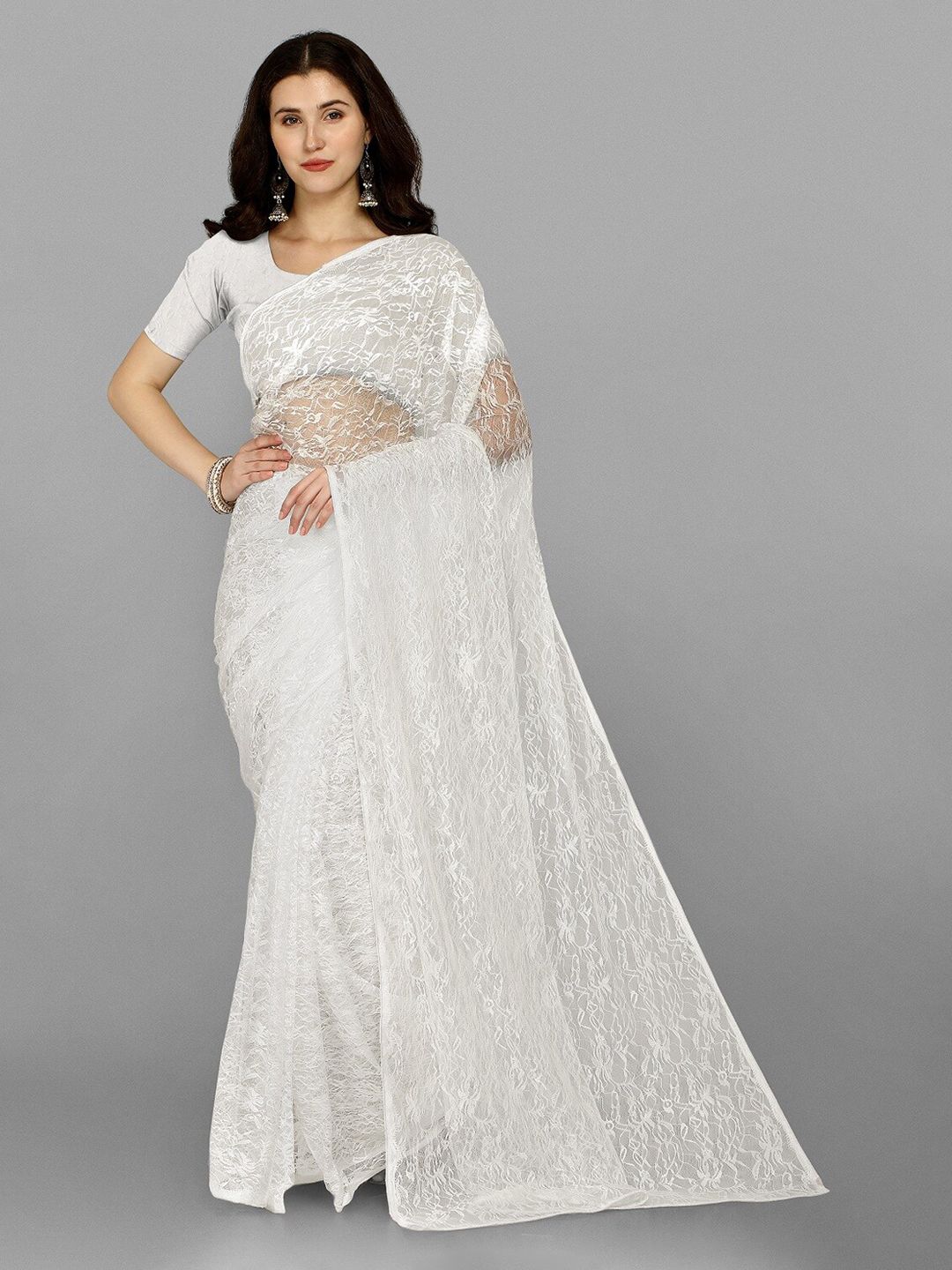Fashion Basket Women White Woven Design Net Saree Price in India
