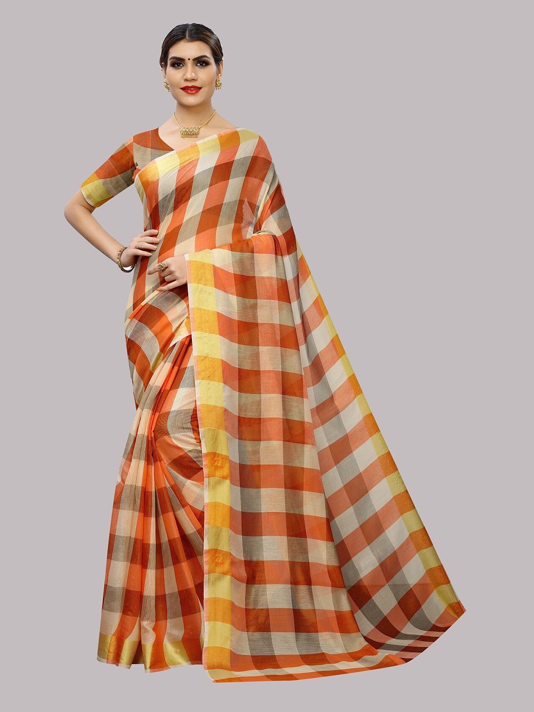 Fashion Basket Orange & Cream-Coloured Checked Saree Price in India