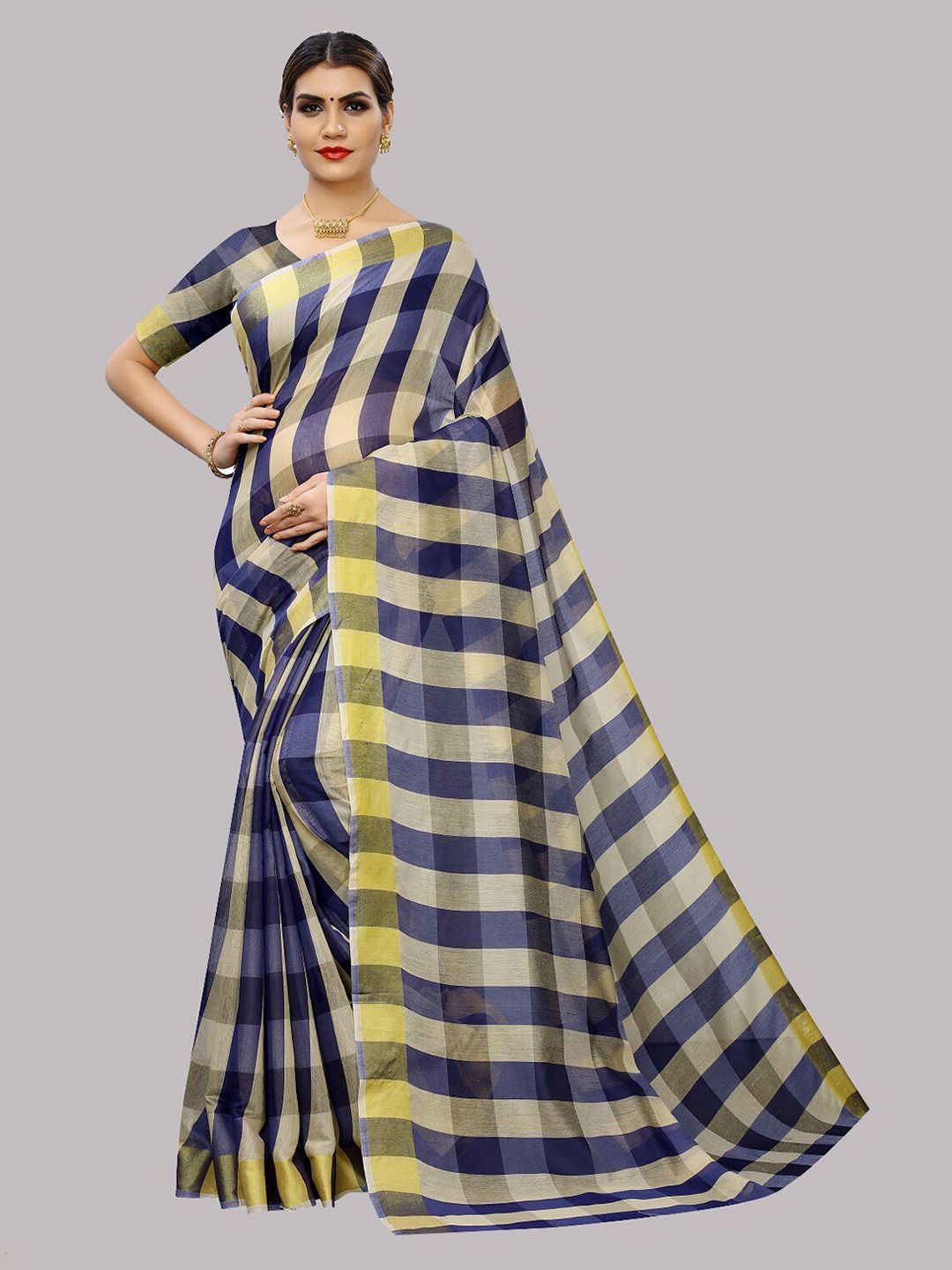 Fashion Basket Blue & Cream-Coloured Checked Silk Cotton Saree Price in India
