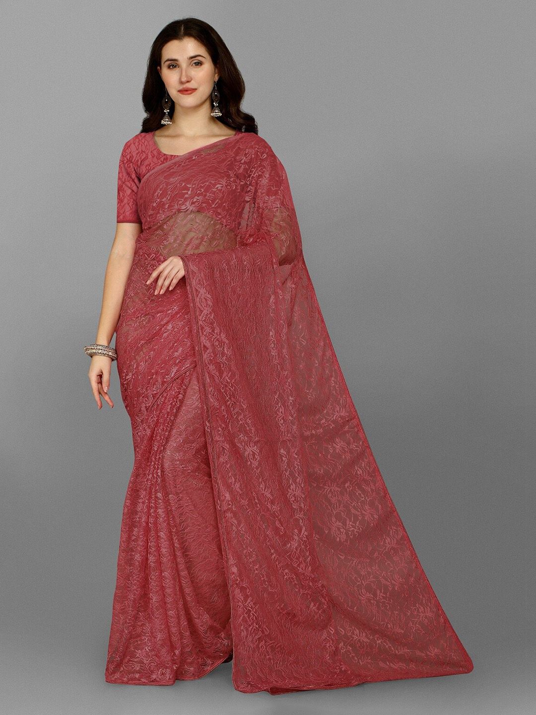 Fashion Basket Rust Red Floral Design Net Saree Price in India