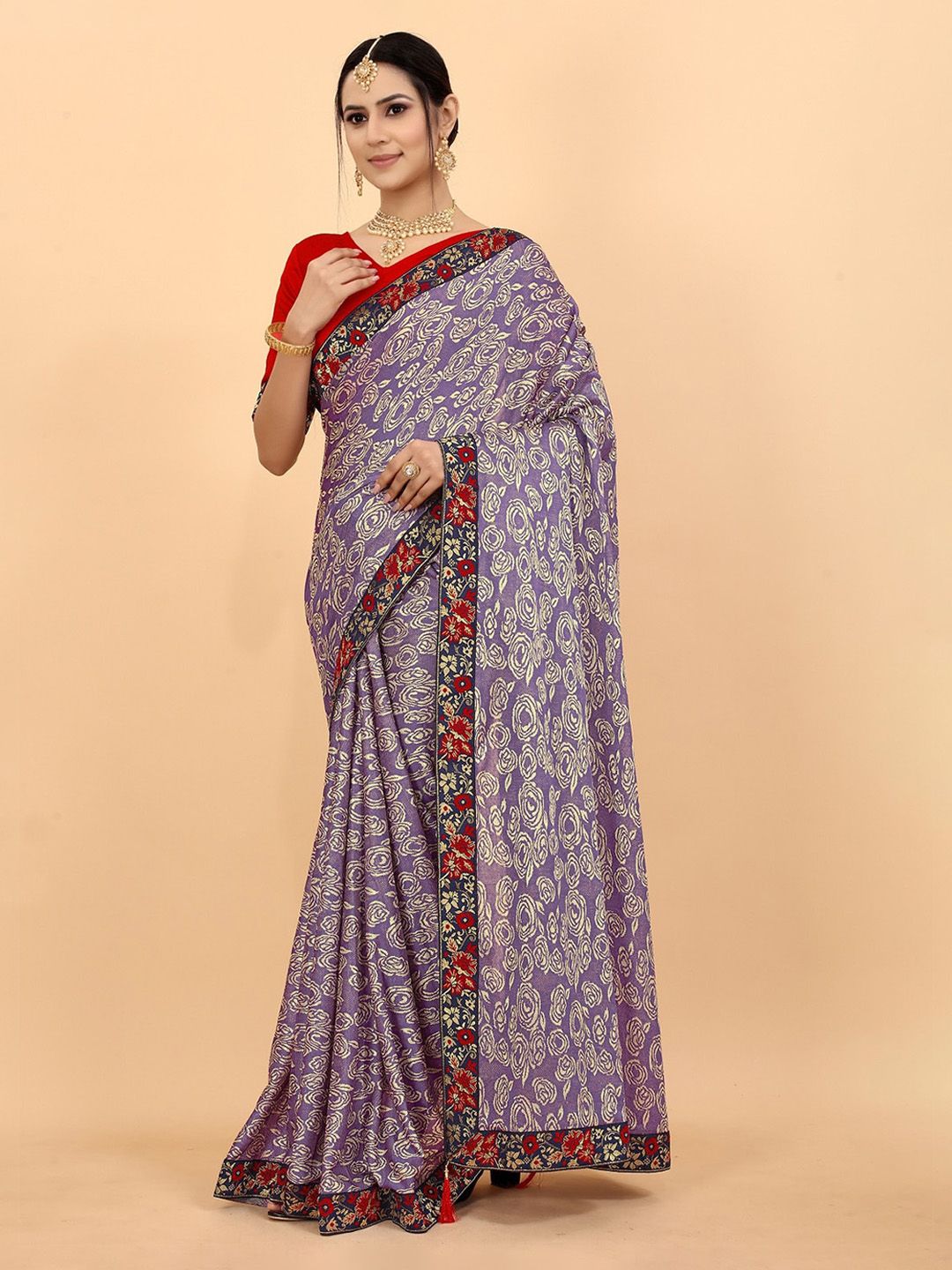 Fashion Basket Purple & Red Floral Printed Lycra Saree Price in India