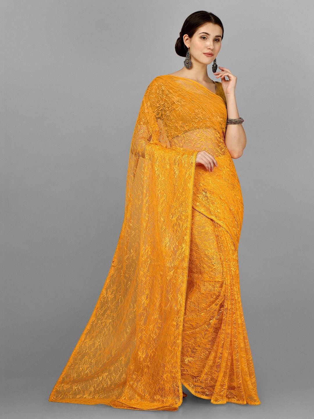 Fashion Basket Yellow Woven Design Net Saree Price in India
