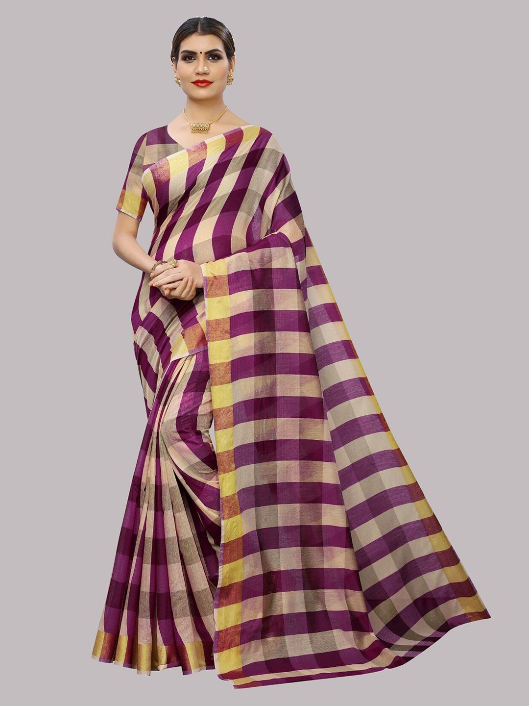 Fashion Basket Purple & Beige Checked Silk Cotton Saree Price in India
