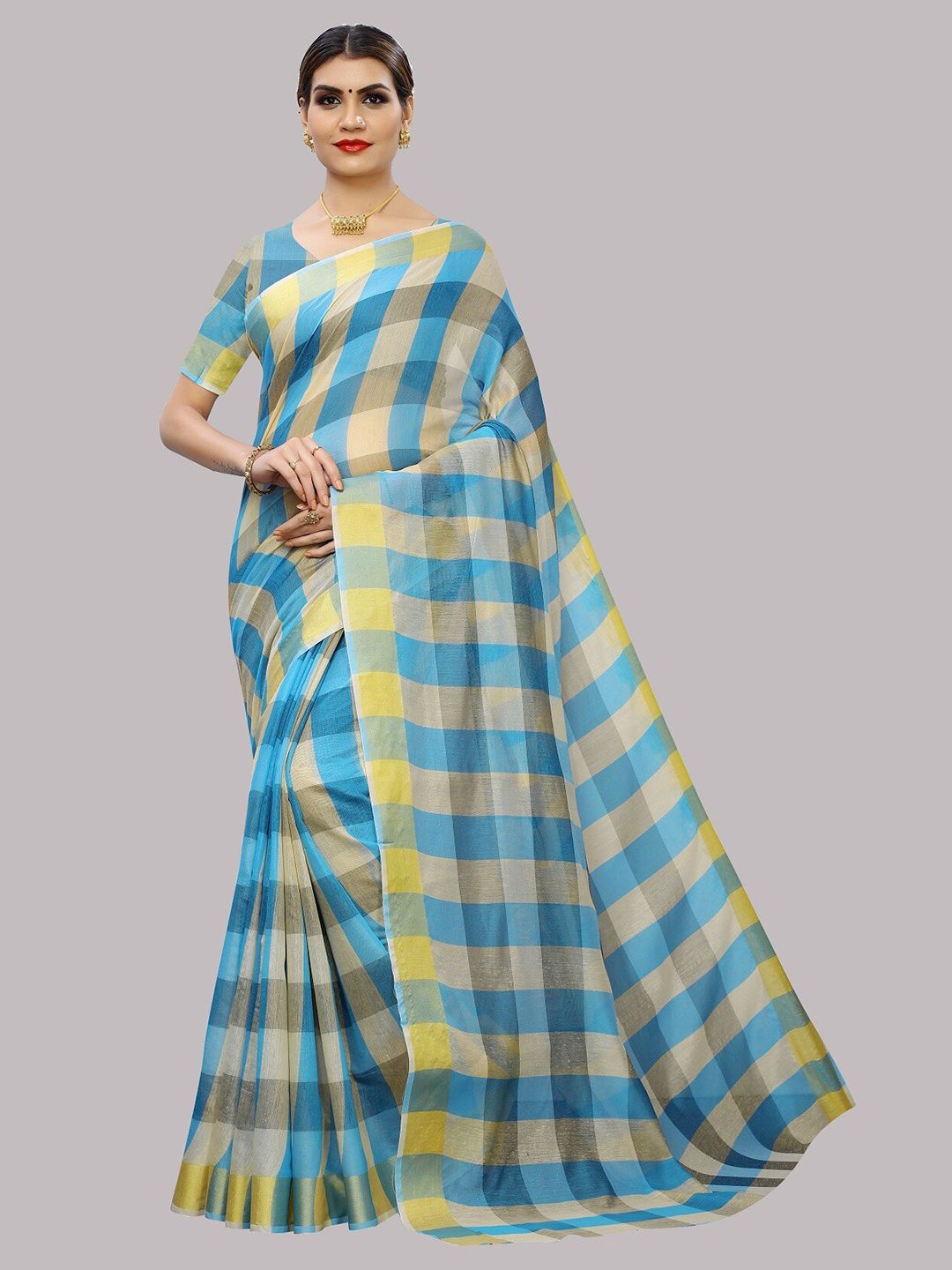 Fashion Basket Blue & Yellow Checked Silk Cotton Saree Price in India