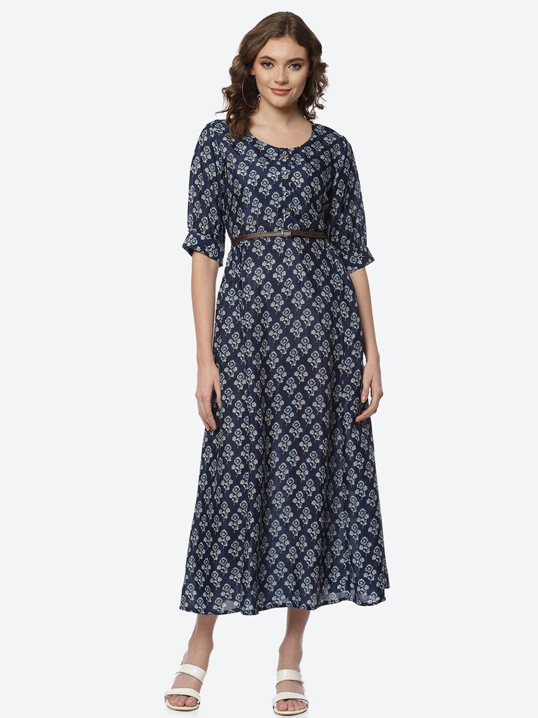 Rangriti Women Navy Blue Floral A-Line Midi Dress Price in India