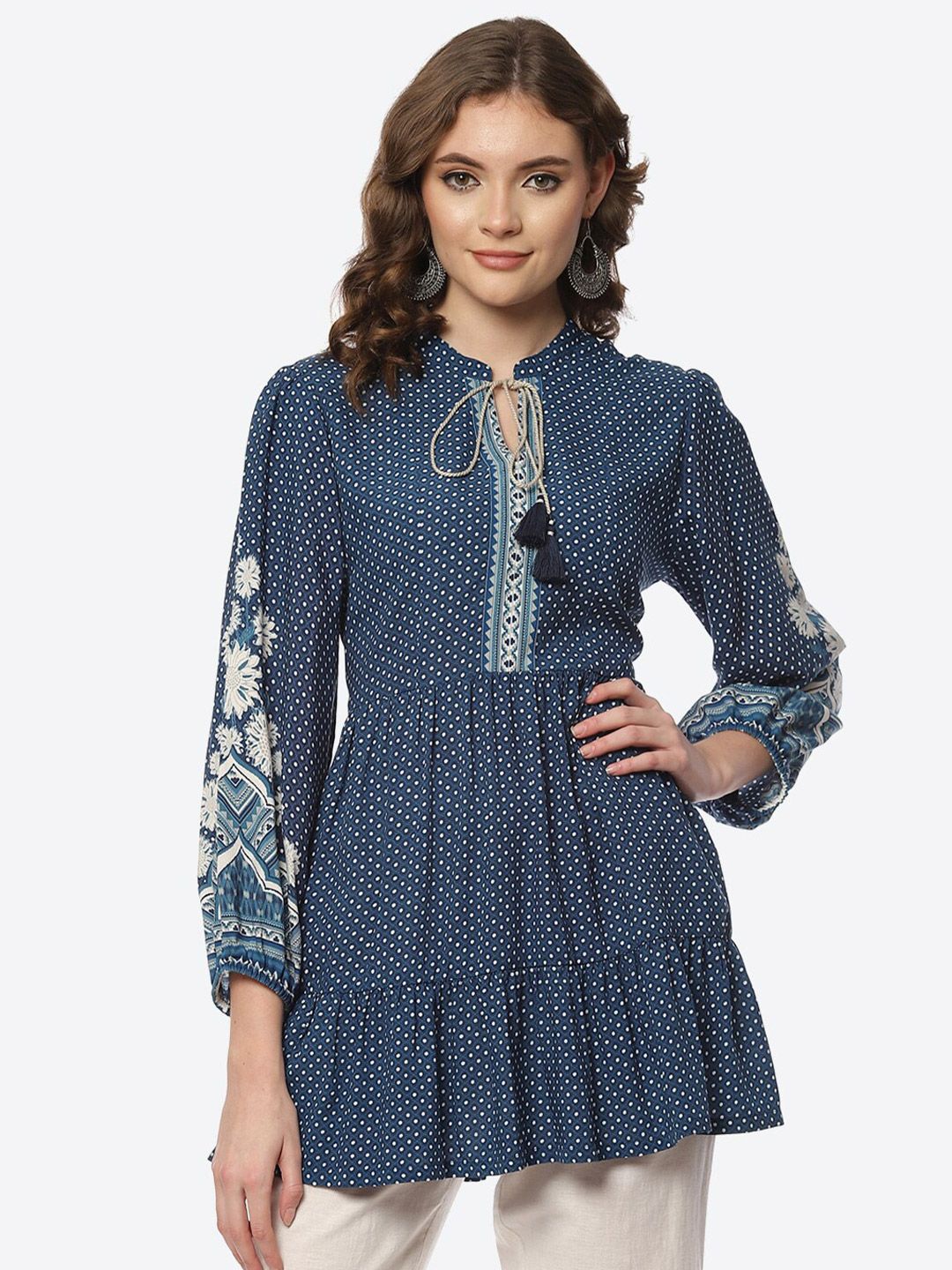 Rangriti Women Blue Print Tie-Up Neck Top Price in India