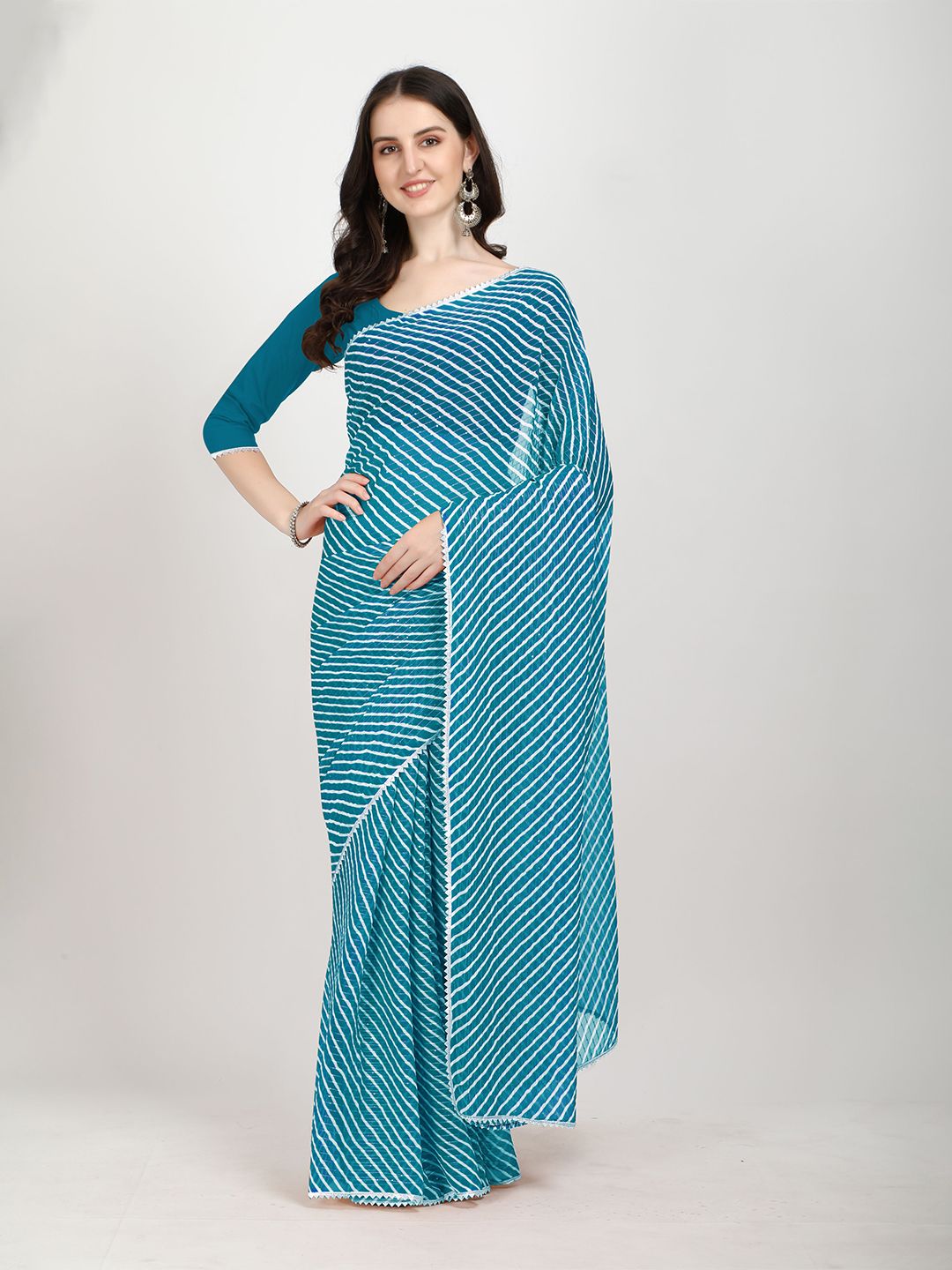Sidhidata Turquoise Blue & White Pure Georgette Leheriya Saree Price in India