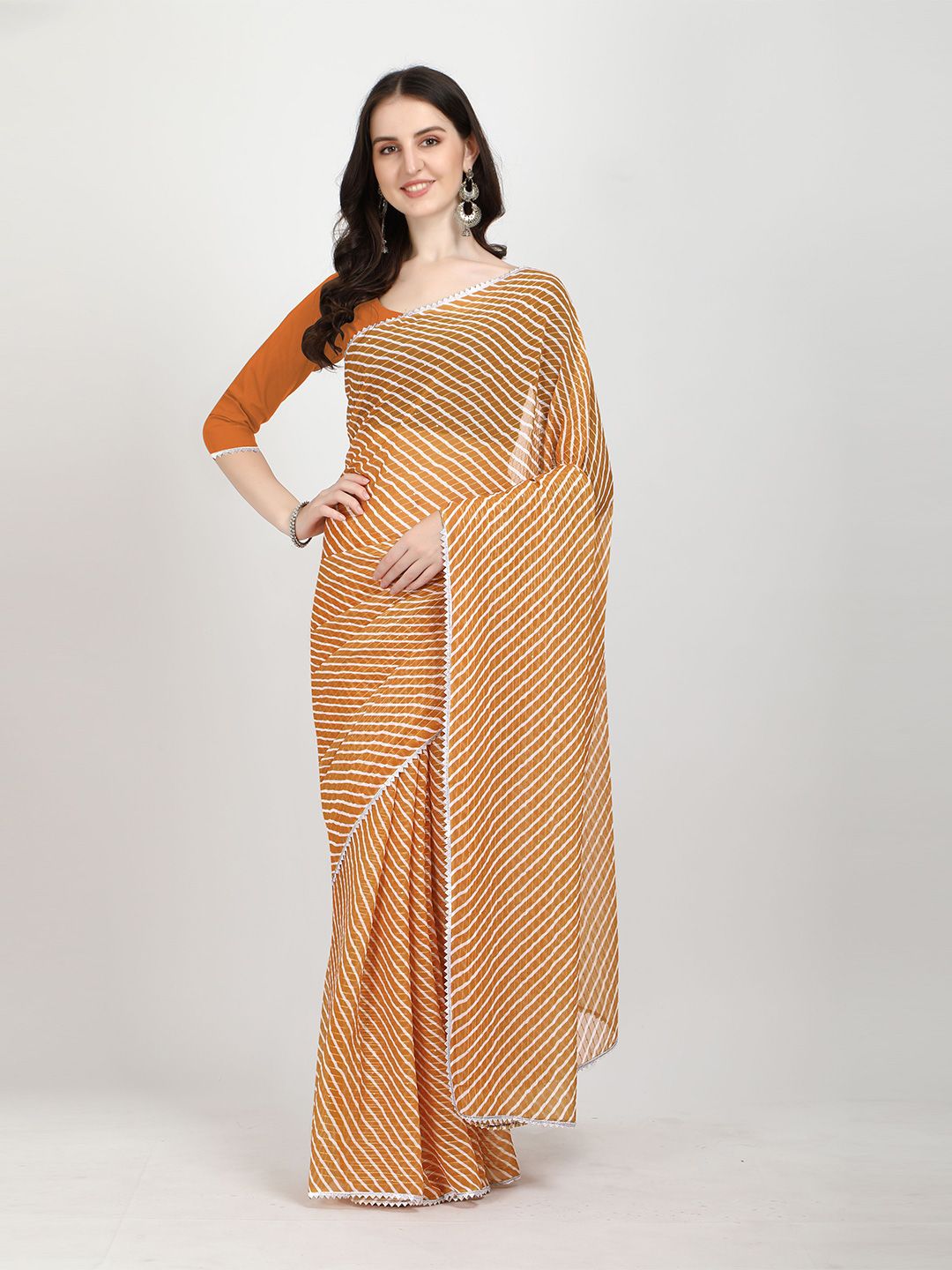 Sidhidata Orange & White Pure Georgette Leheriya Saree Price in India