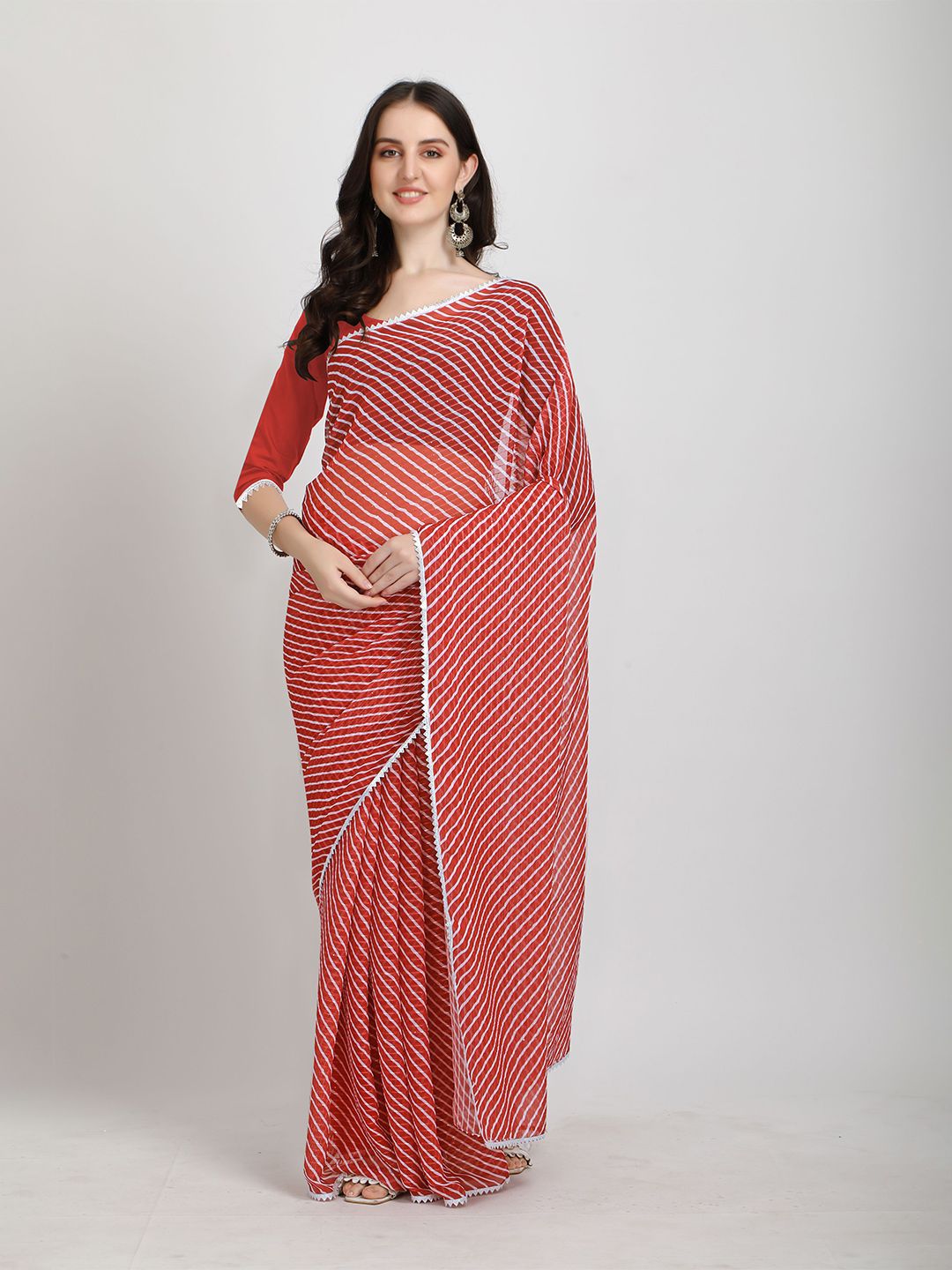 Sidhidata Red & White Leheriya Pure Georgette Leheriya Saree Price in India