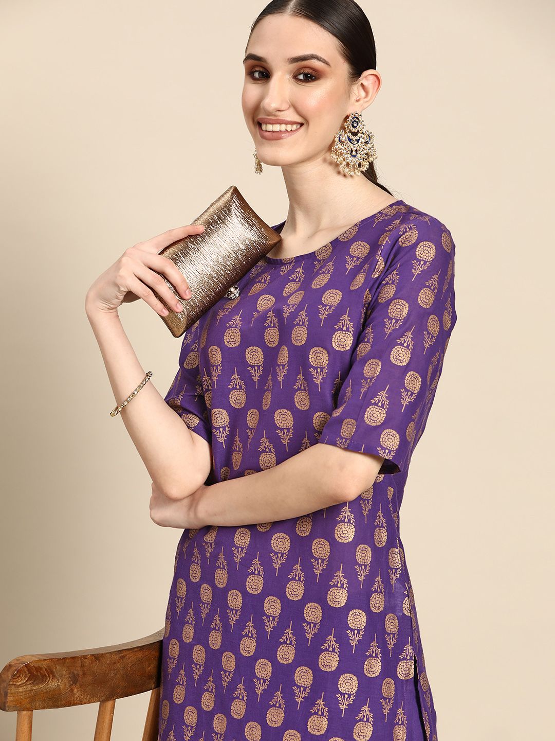 Sangria Women Purple Ethnic Motifs Printed Pure Cotton Kurta with Trousers Price in India