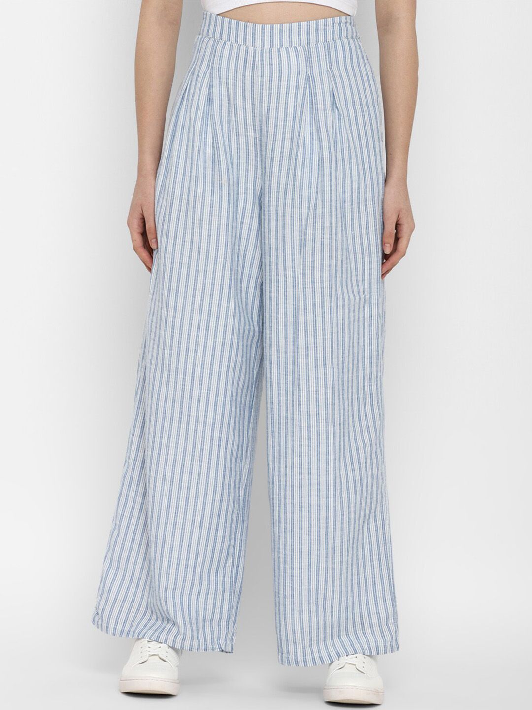 AMERICAN EAGLE OUTFITTERS Women White Striped Pleated Parallel Trousers Price in India