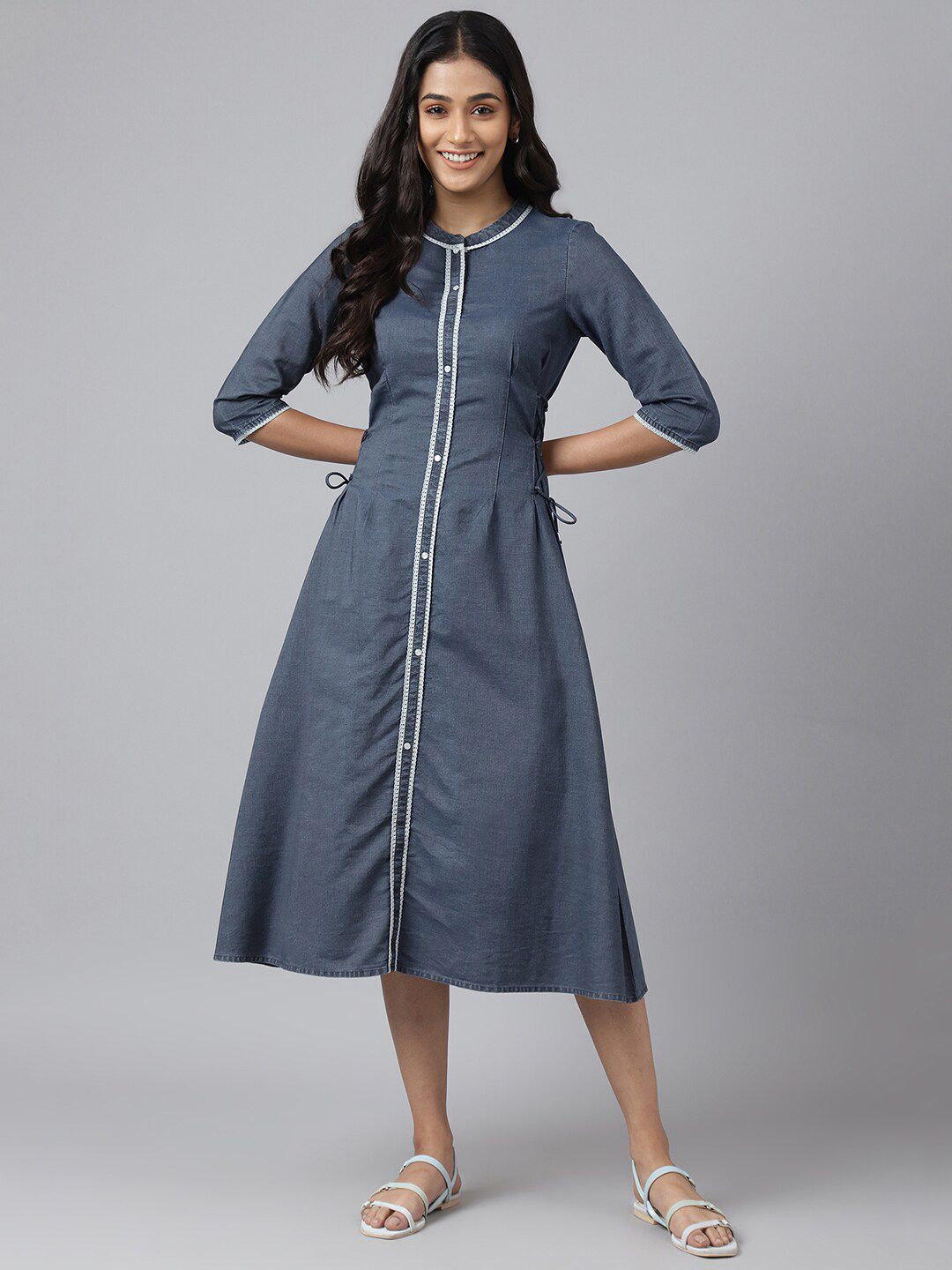 AURELIA Women Blue Solid A-Line Midi Dress Price in India