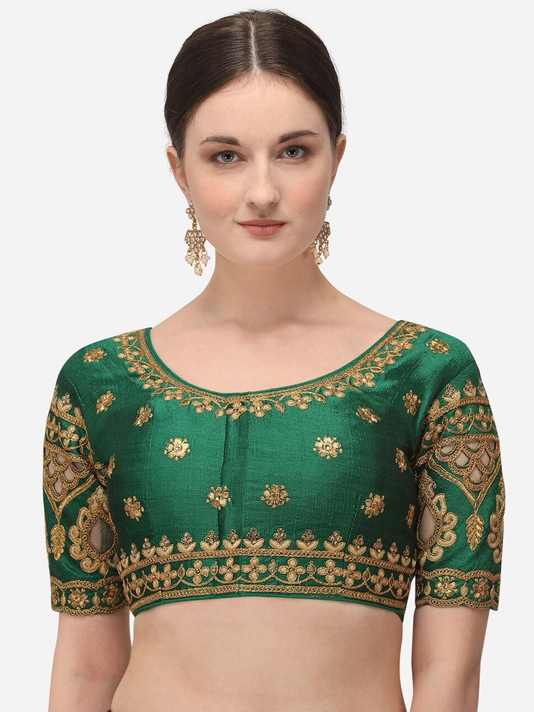 Amrutam Fab Women Green & Gold-Coloured Embroidered  Saree Blouse Price in India