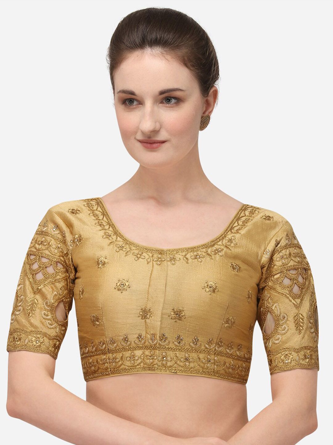 Amrutam Fab Beige & Gold-Coloured Embroidered Silk Saree Blouse Price in India