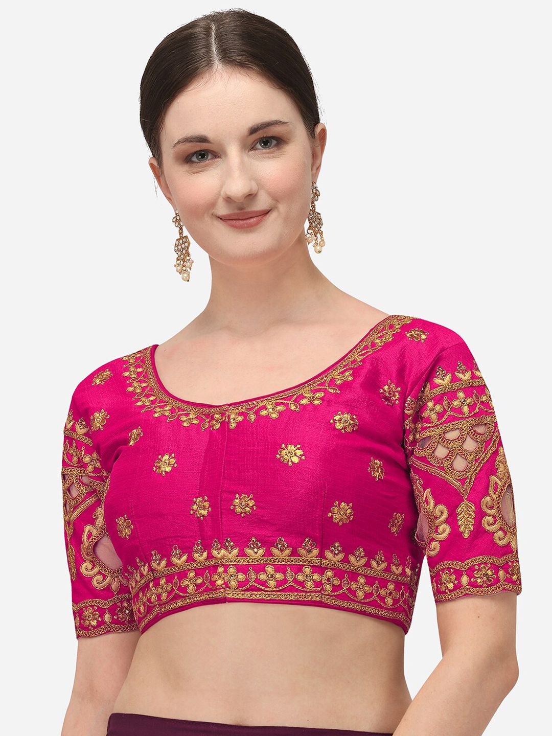 Amrutam Fab Pink & Gold-Coloured Embroidered Silk Saree Blouse Price in India