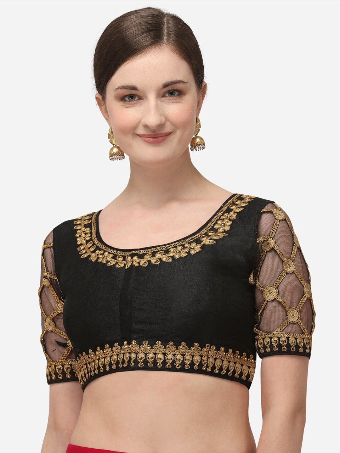 Amrutam Fab Black & Gold-Coloured Embroidered Silk Saree Blouse Price in India