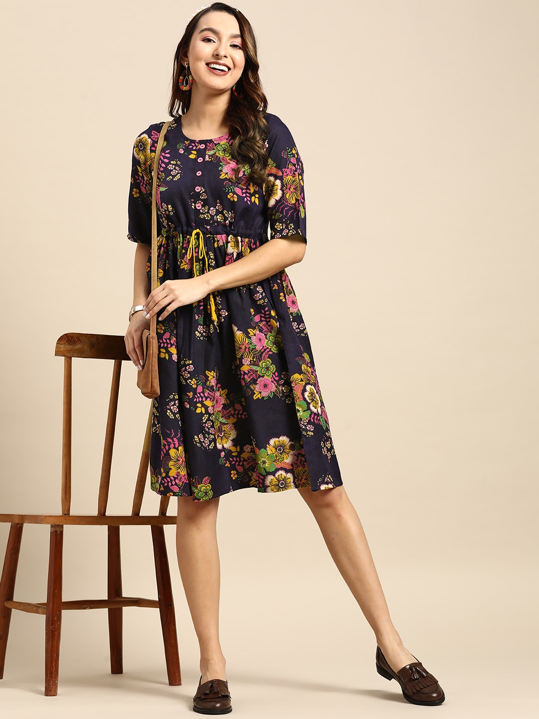Sangria Floral Printed Pure Cotton A-Line Dress Price in India