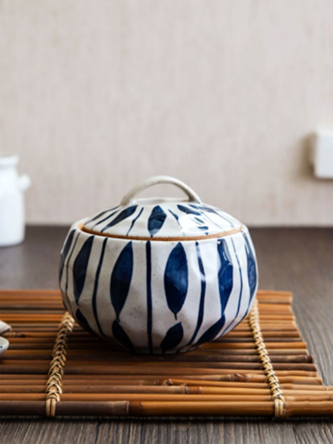 Nestasia White & Blue Printed Ceramic Glossy Vintage Pot with Lid Price in India