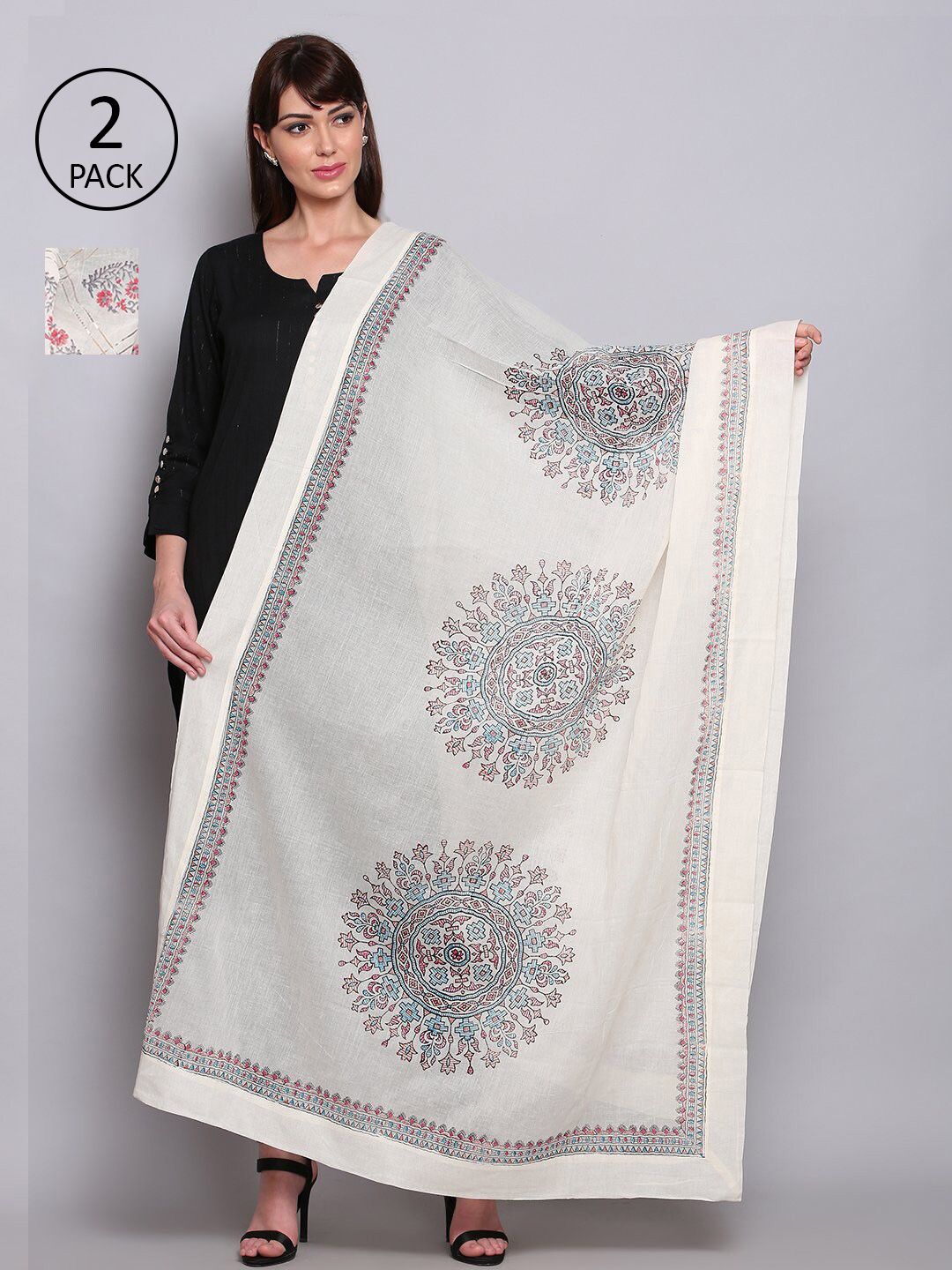 Miaz Lifestyle Off White & Grey Pack of 2 Ethnic Motifs Block Print Dupatta