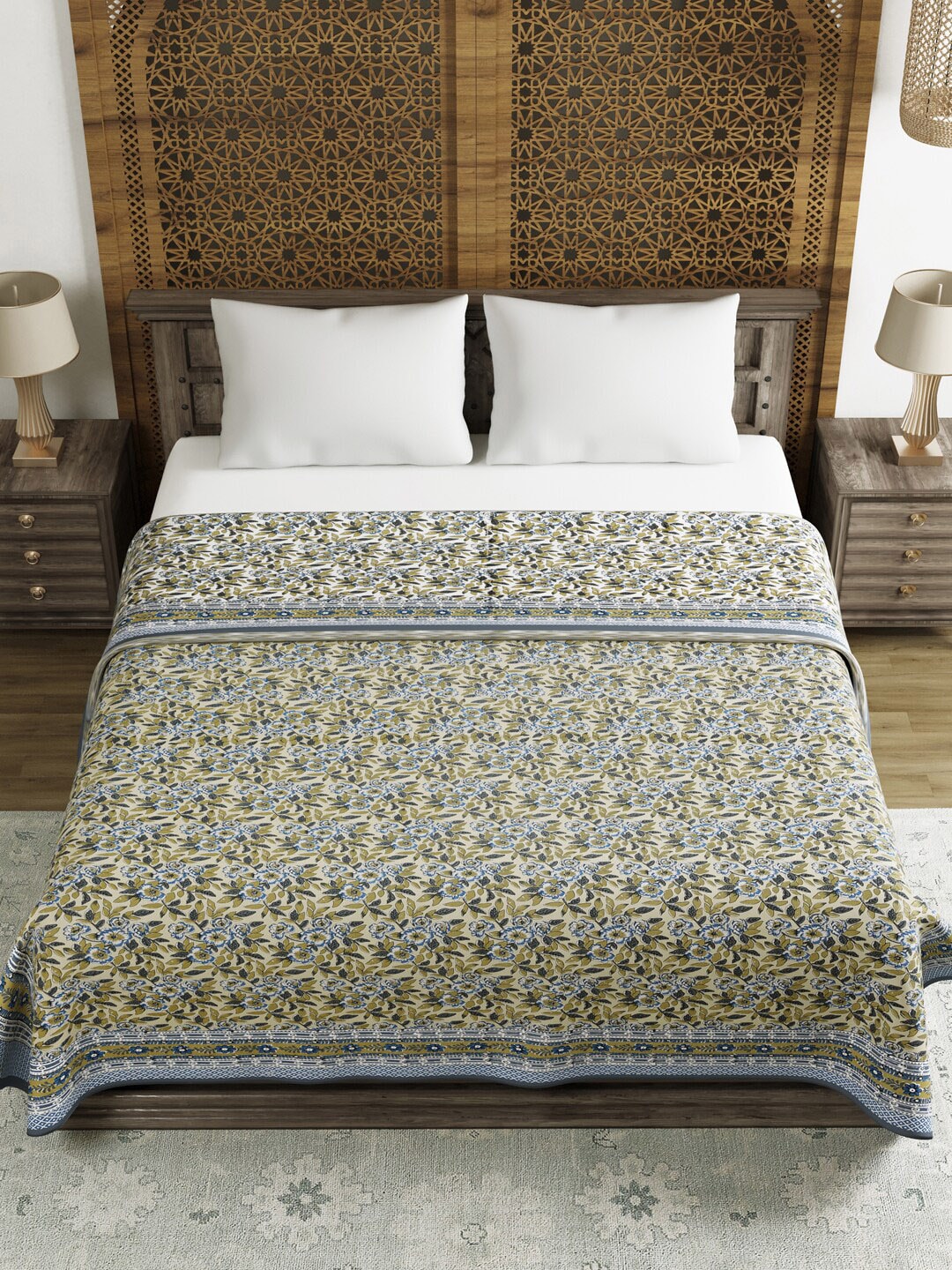 BLOCKS OF INDIA Grey & Blue Floral AC Room 150 GSM Double Bed Dohar Price in India
