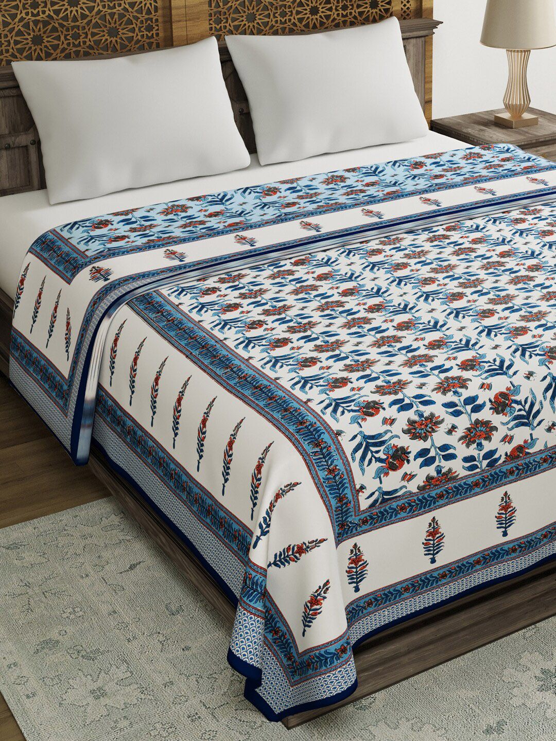 BLOCKS OF INDIA Blue & White Floral AC Room 150 GSM Double Bed Dohar Price in India