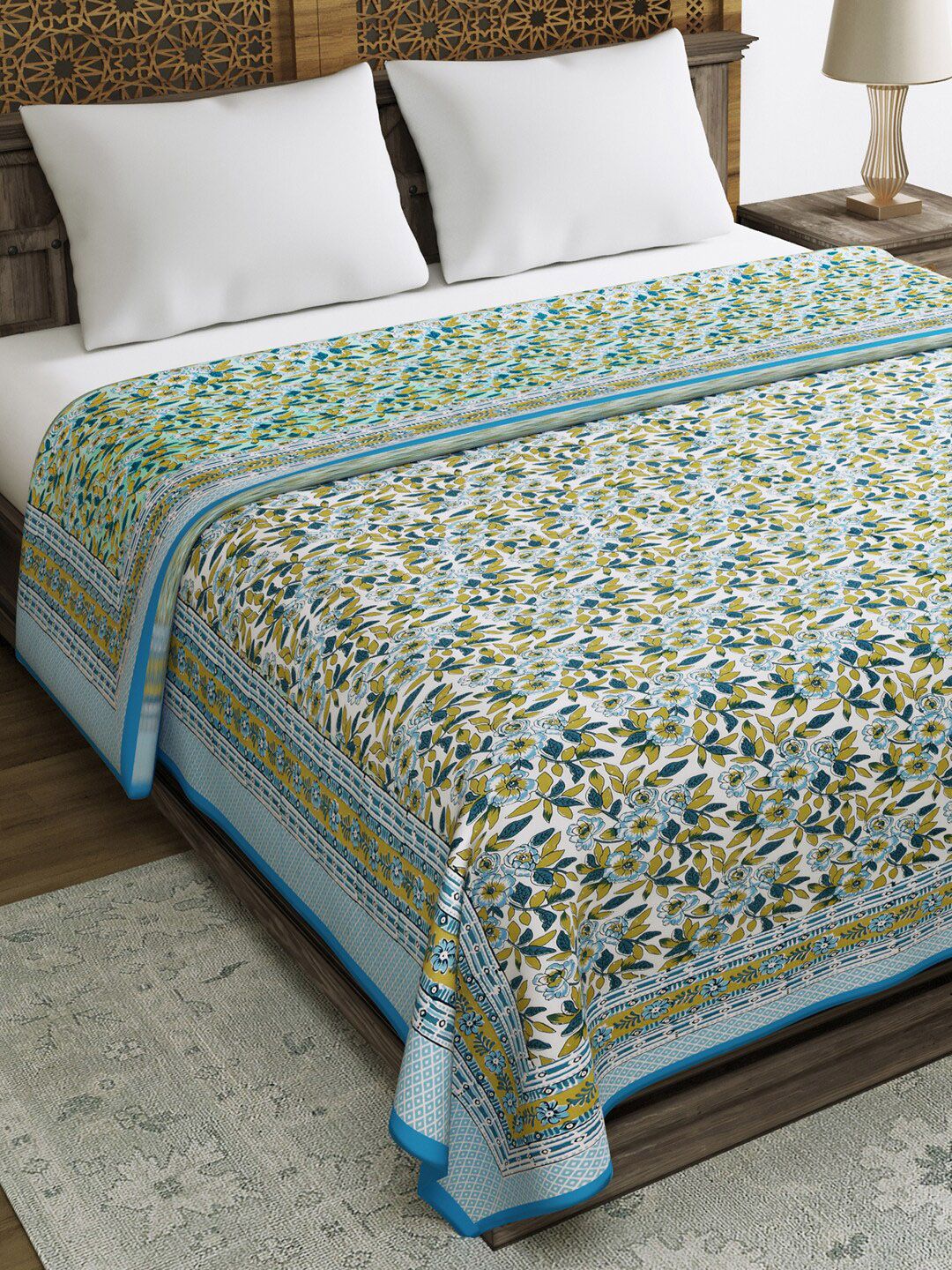 BLOCKS OF INDIA Turquoise Blue & Mustard Floral AC Room 150 GSM Double Bed Dohar Price in India