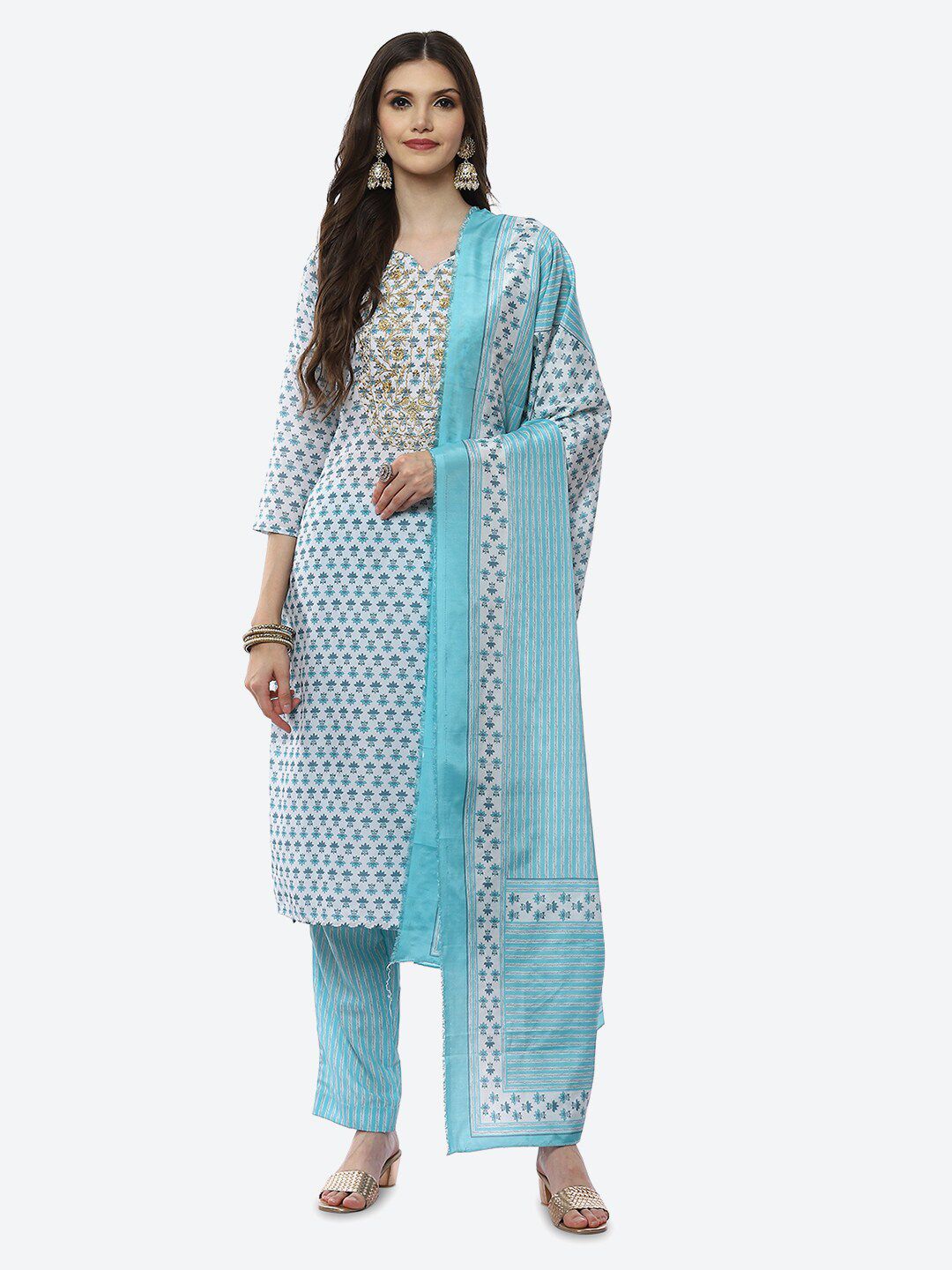 Biba Blue & White Printed Unstitched Dress Material Price in India