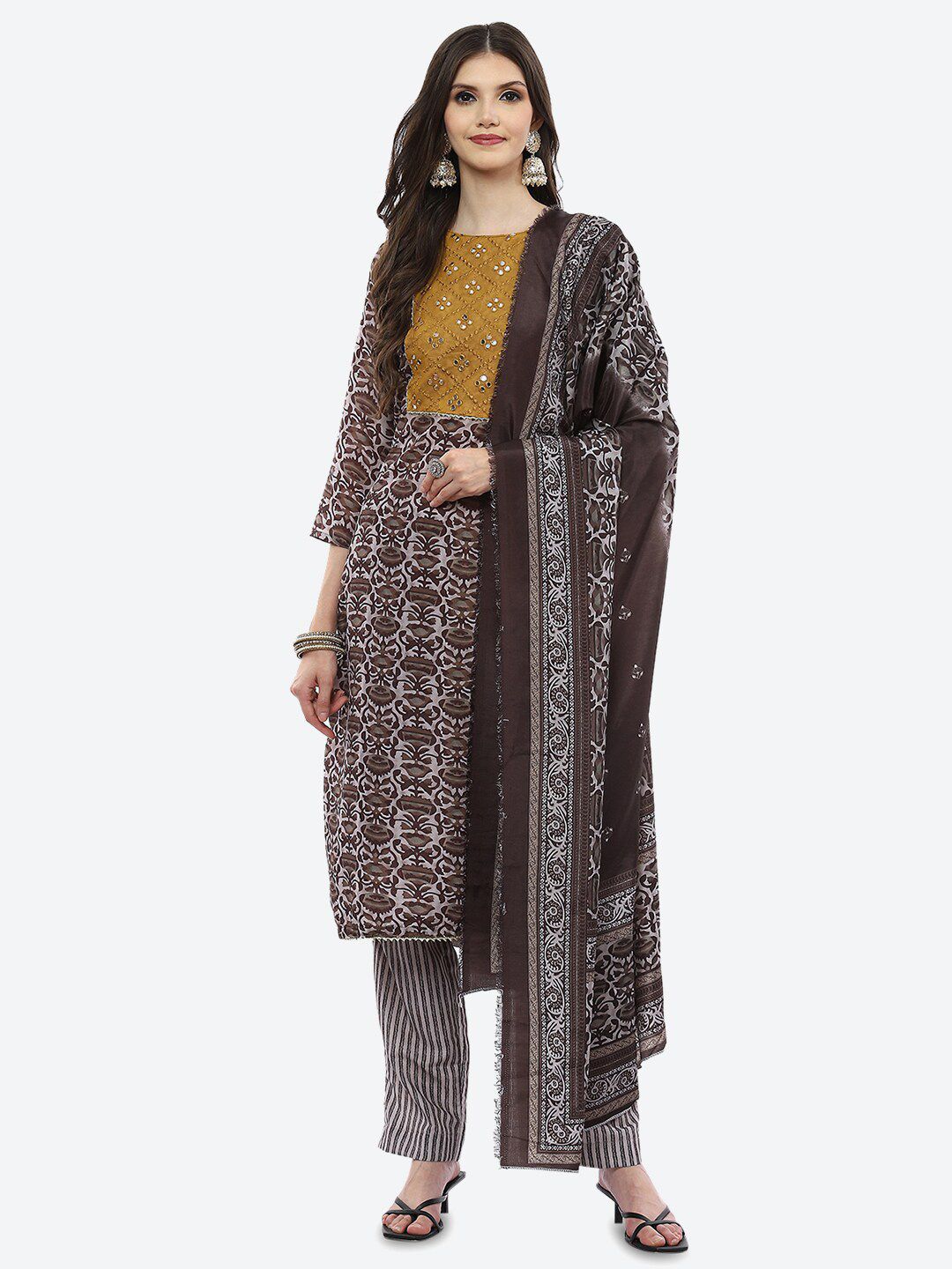 Biba Brown & Mustard Embellished Unstitched Dress Material Price in India