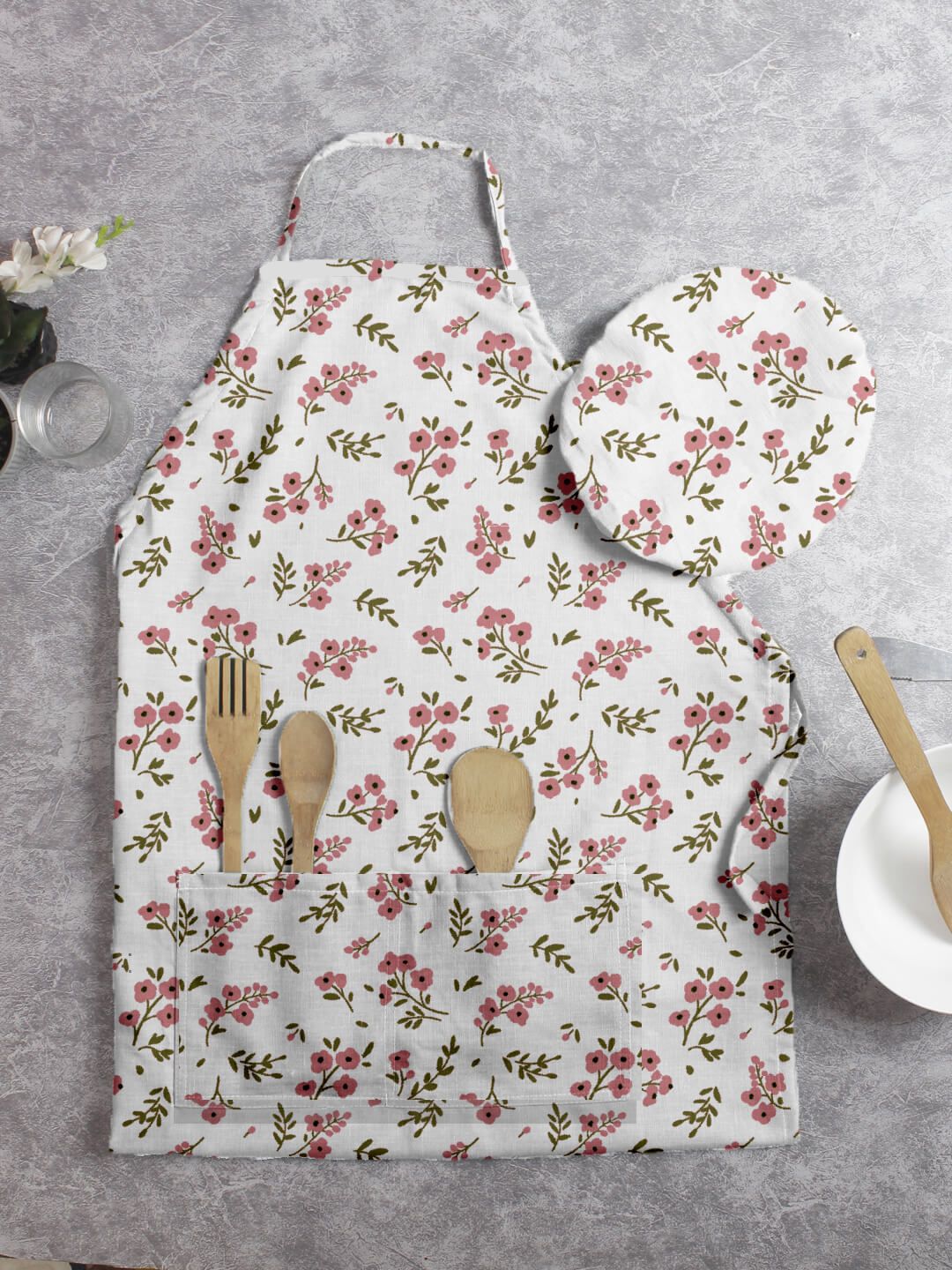 HOUZZCODE Set Of 2 Maroon and White Floral Apron with Cap Price in India