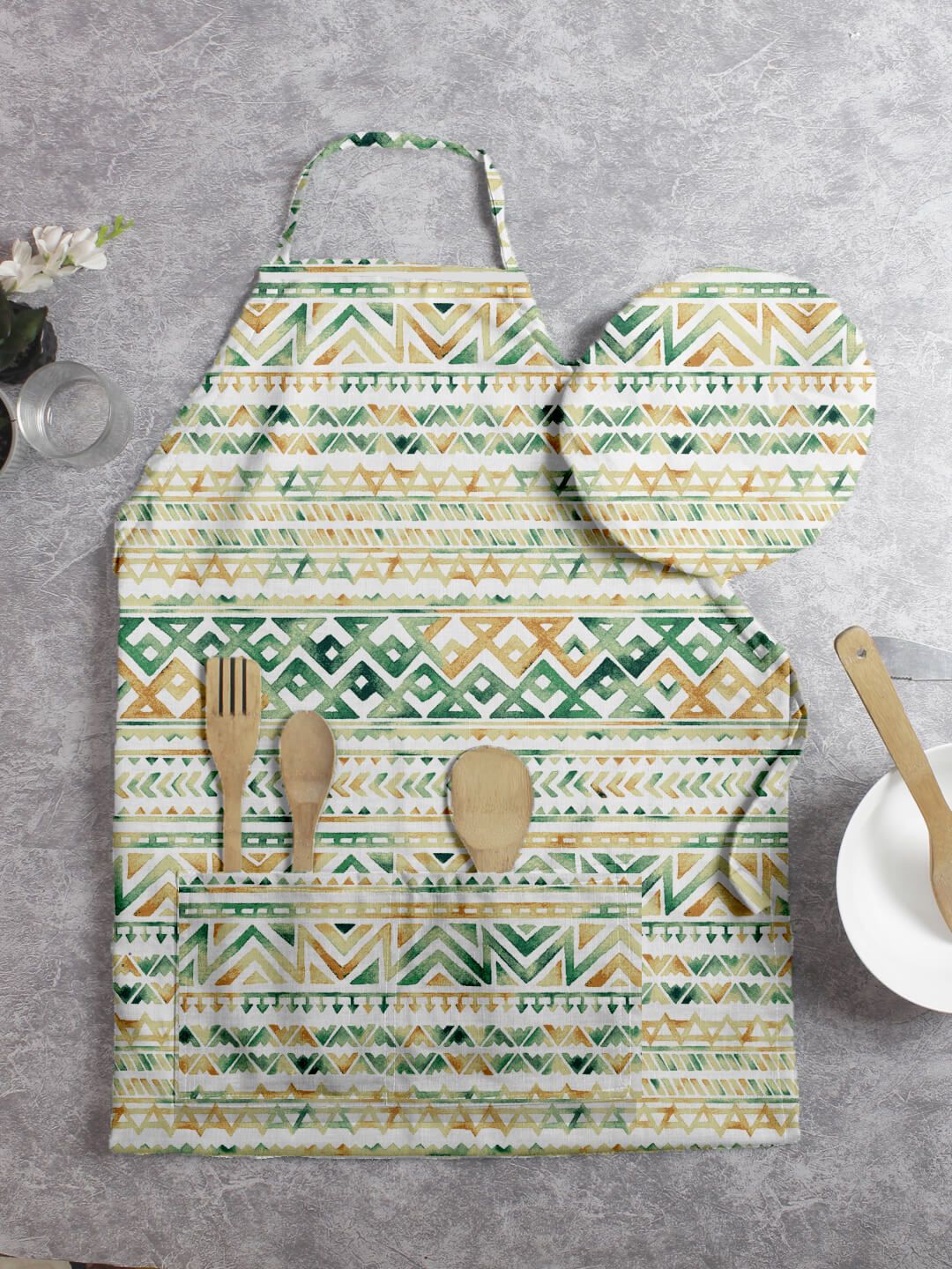 HOUZZCODE Set of 2 Yellow & Green Geometric Apron With Cap Price in India