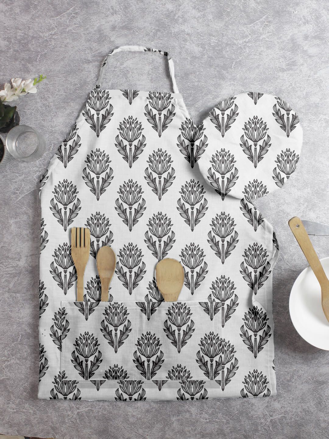 HOUZZCODE Unisex Grey & White Set Of 2 Printed Aprons Price in India