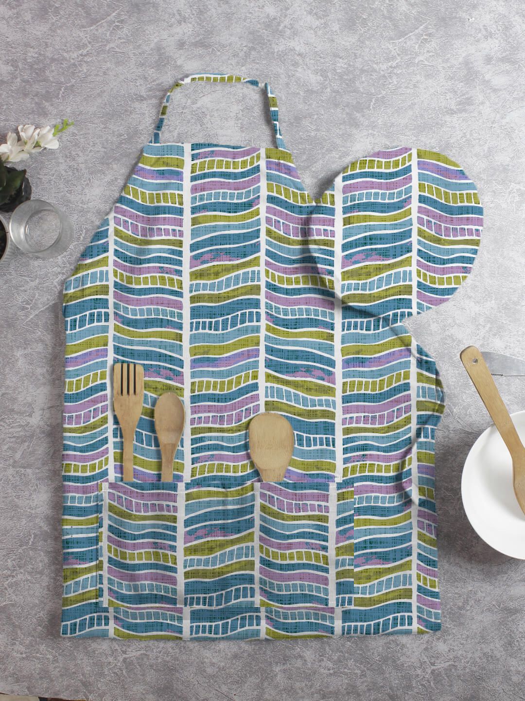 HOUZZCODE Unisex Blue & Green Printed Aprons Price in India